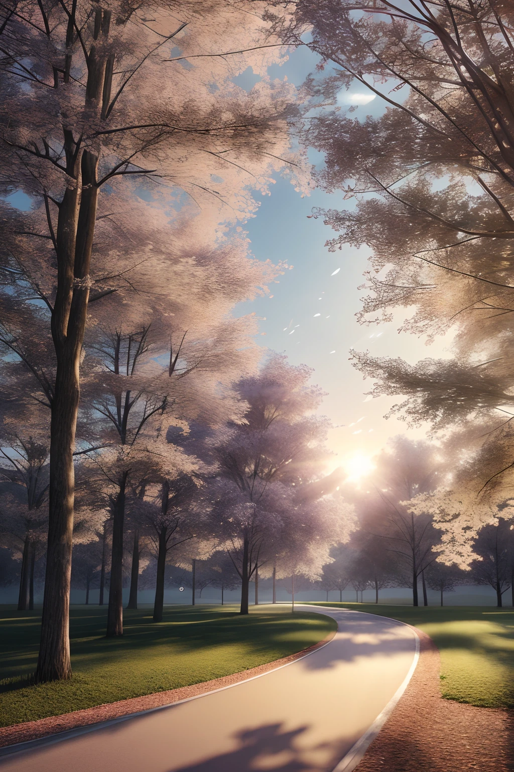 Trees swaying in the wind, photorealistic, soft pastel colours, tranquility, intricate, path tracing, illustration, insanely detailed, shadow mapping volumetric light, dramatic lighting, award winning photography