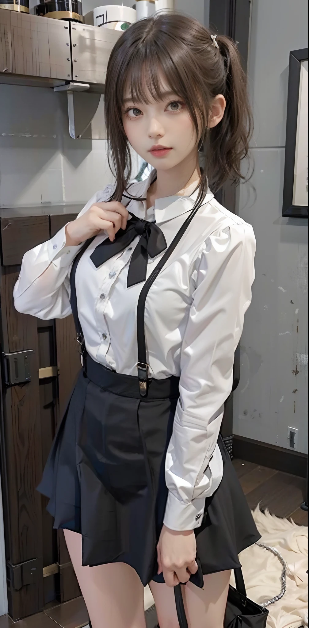 masuter piece、A detailed、Delicate、Girls of the near future、Luxurious room、Black skirt, suspenders, brown haired、grey eyes, サイファイブーツ、 Tight black clothes, small tits、white frilly blouse、valley、holster、chain、poneyTail、Thin leg、A slender、Cute、A sexy、View the viewer from above、hair adornments