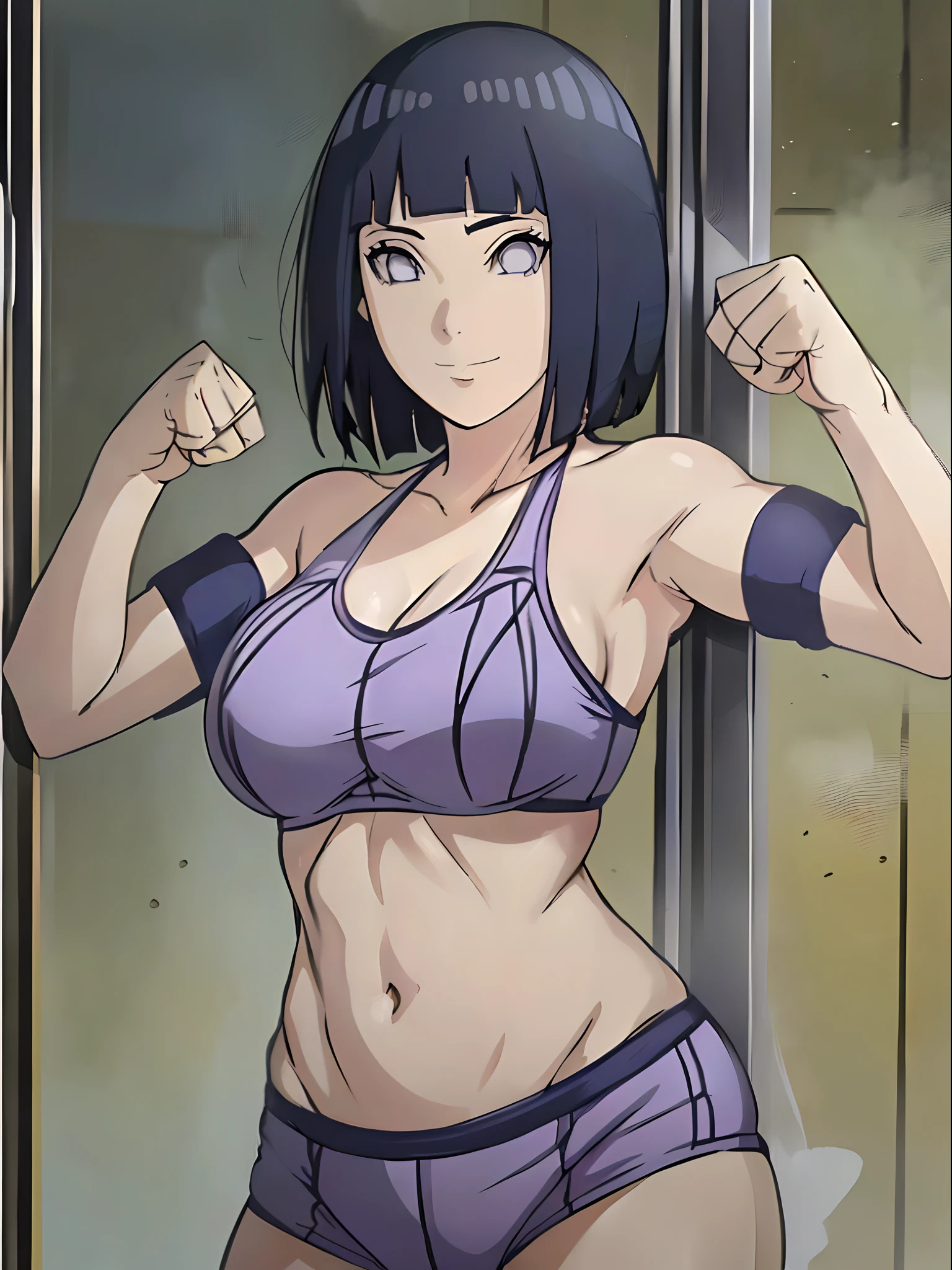 anime style, (hinata\(boruto\), (female wrestler), (slender body), mature woman, milf, (bikini, pro wrestling gear) victorious, gorgeous, winner, kind face, smile, closed mouth, pale skin, (dark blue hair color:1.1), wavy hair, ((short hair, hime cut), big breasts, (only one arm stretching), long belly, closed fists