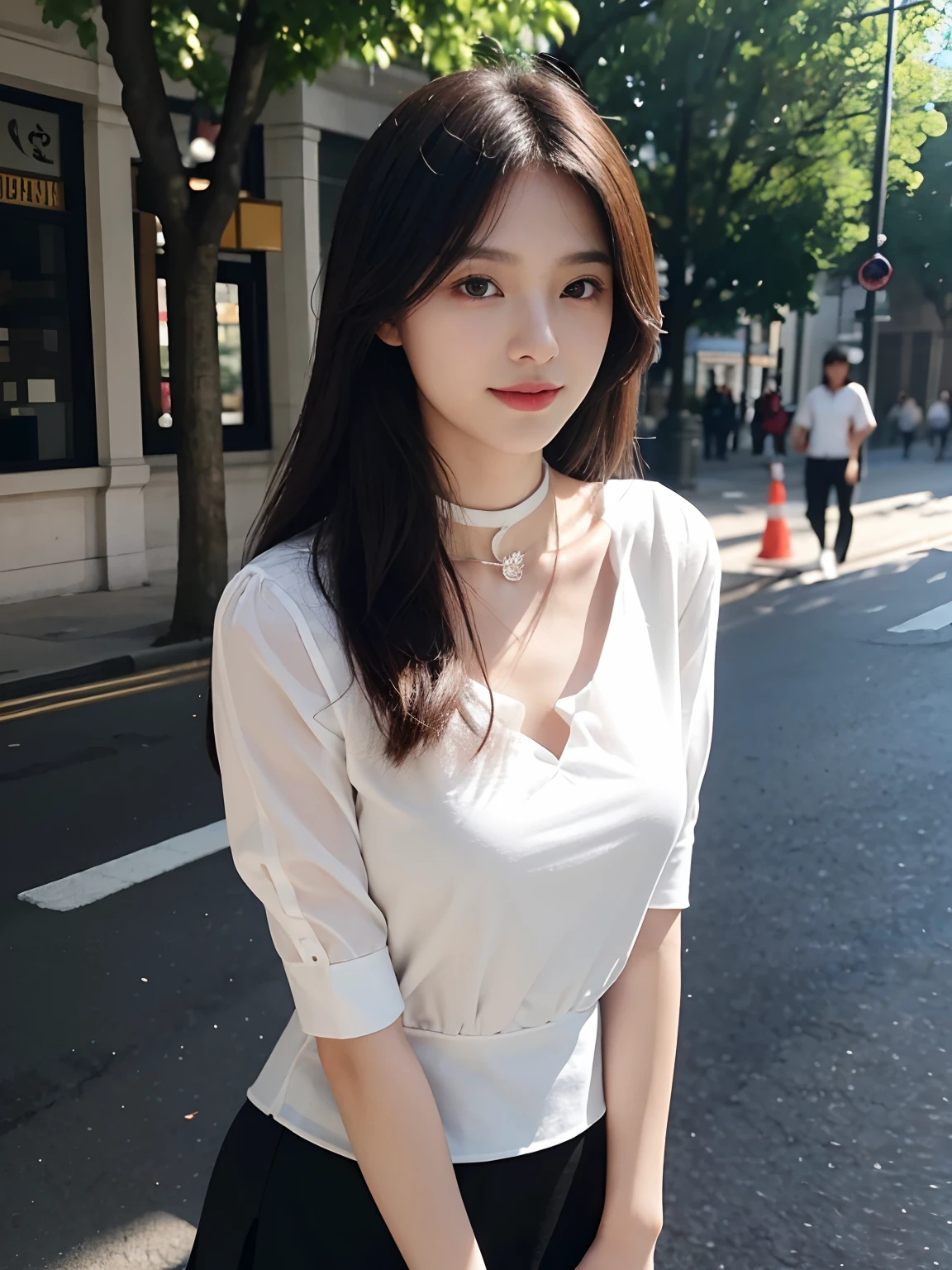 best qualtiy,tmasterpiece,超高分辨率,(真实感:1.4),RAW photogr,1girll,long whitr hair,Face Highlighting,Pure,Girly,Flushing,18yr old,18-year-old smiling female classmate,Pure,Innocent,(best qualtiy,8K,tmasterpiece:1.3),Goose egg face,largeeyes,long eyelasher,Exquisite(live-action realistic style),Star-like eyes,Ultimate face,Photorealistic light and shadow,Clear facial features,Milky white skin,Fair skin, highdetailskin, Realistic skin details, Visible Pore,(Super detail),(perfect bodies:1.1),long whitr hair,(dynamicposes),((Dynamic background((volumettic light:1.3)),black short skirt,White color blouse,choker necklace,Street photography,Feel free,Dashing