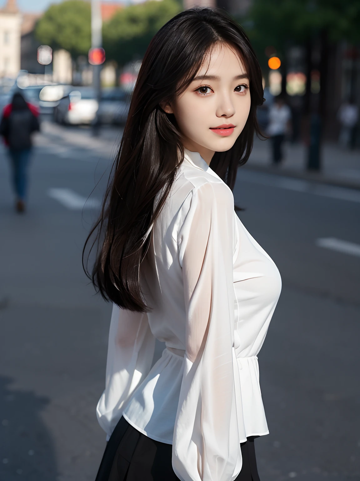 best qualtiy,tmasterpiece,超高分辨率,(真实感:1.4),RAW photogr,1girll,long whitr hair,Face Highlighting,Pure,Girly,Flushing,18yr old,18-year-old smiling female classmate,Pure,Innocent,(best qualtiy,8K,tmasterpiece:1.3),Goose egg face,largeeyes,long eyelasher,Exquisite(live-action realistic style),Star-like eyes,Ultimate face,Photorealistic light and shadow,Clear facial features,Milky white skin,Fair skin, highdetailskin, Realistic skin details, Visible Pore,(Super detail),(perfect bodies:1.1),long whitr hair,(dynamicposes),((Dynamic background((volumettic light:1.3)),black short skirt,huge tit,White color blouse,Street photography,Side Body,Turn Back,Face the lens