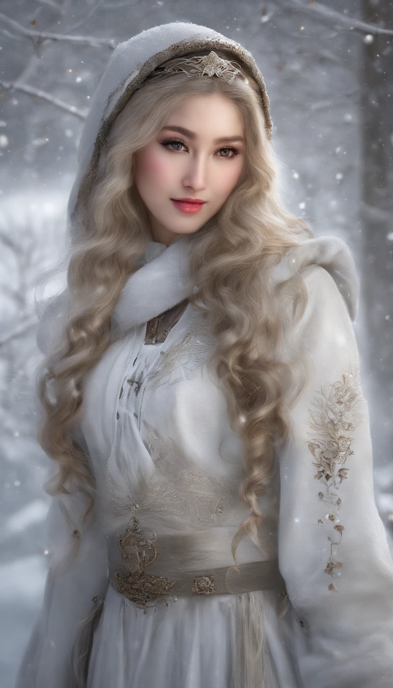 Beautiful Asian goddess,adorable round face,Delicate and elastic skin,Speak with big shining eyes,Two twisted braids,Silky black hair,standing on your feet,Medium view,White cotton jacket,Lightweight,Black trousers,Beautuful Women,Slight laughter,A shy expression,White teeth are exposed,Full body appearance,Look up at the perspective,(Heavy snowfall),(snow landscape)Winter tones,There was a wind blowing,(Side lighting ),(cinema4d),(Movie lighting),(Depth of field effect),(Unreal 5),(tmasterpiece),(8K分辨率),photorealestic,realisticlying