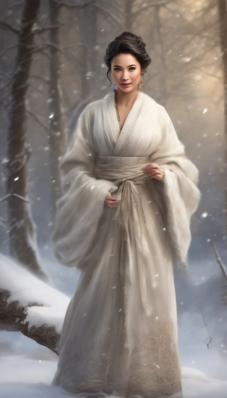 Beautiful Asian goddess,adorable round face,Delicate and elastic skin,Speak with big shining eyes,Two twisted braids,Silky black hair,standing on your feet,Medium view,White cotton jacket,Lightweight,Black trousers,Beautuful Women,Slight laughter,A shy expression,White teeth are exposed,Full body appearance,Look up at the perspective,(Heavy snowfall),(snow landscape)Winter tones,There was a wind blowing,(Side lighting ),(cinema4d),(Movie lighting),(Depth of field effect),(Unreal 5),(tmasterpiece),(8K分辨率),photorealestic,realisticlying