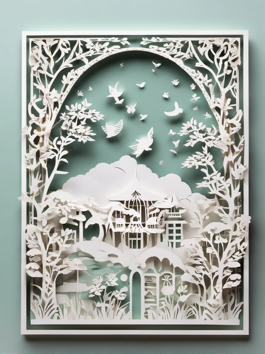 (Paper-cut Art:1.6), three-dimensional undulations. Heart-warming, fantasy, Kawaii, Fairy kissing the moon, window,, plants and flowers,(best quality,4k,8k,highres,masterpiece:1.2),ultra-detailed,(realistic,photorealistic,photo-realistic:1.37), Simple back ground, Colorful, pop and floral,