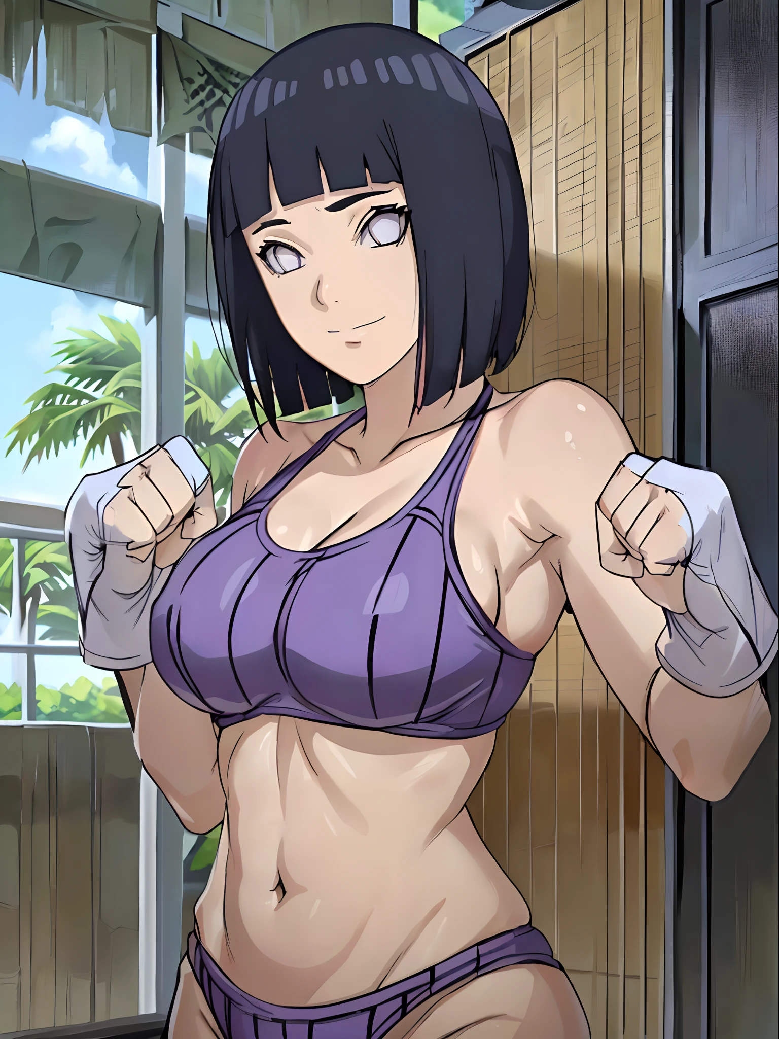 anime style, (hinata\(boruto\), (female wrestler), (slender body), mature woman, milf, (bikini, pro wrestling gear) victorious, gorgeous, winner, kind face, smile, closed mouth, pale skin, (dark blue hair color:1.1), wavy hair, ((short hair, hime cut), big breasts, (only one arm stretching), long belly, closed fists