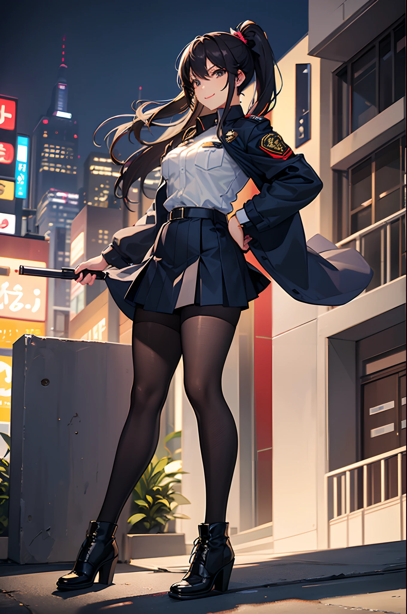 masterpiece, bestquality, 1female, police woman, solo, japanese police uniform, navy tight skirt, black pantyhose, pumps, city background, ponytail hair, smile, boots, photo pose, nightstick