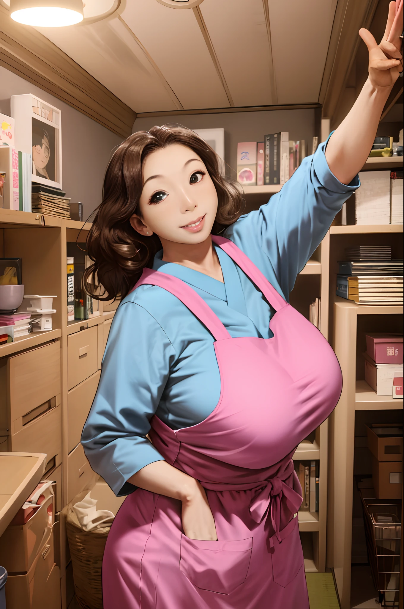 45-year-old Japanese female，Full-figured，Brown curly hair，Big eyes，ssmile，There are slight wrinkles at the corners of the eyes，pink apron，with hands behind her back，Cluttered room，liveroom