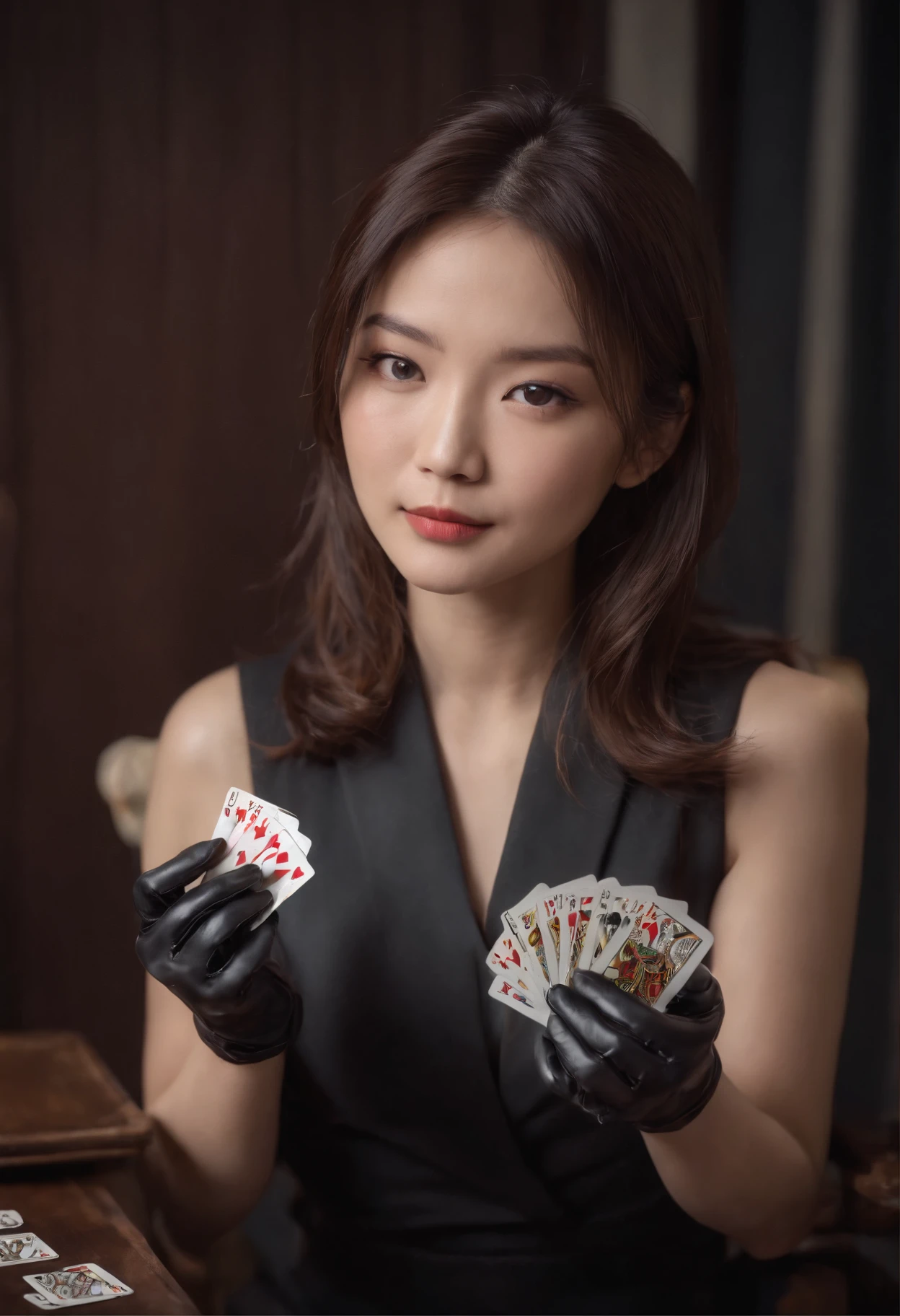 A young Japanese woman with a black suit up to a shirt and playing cards with black leather gloves