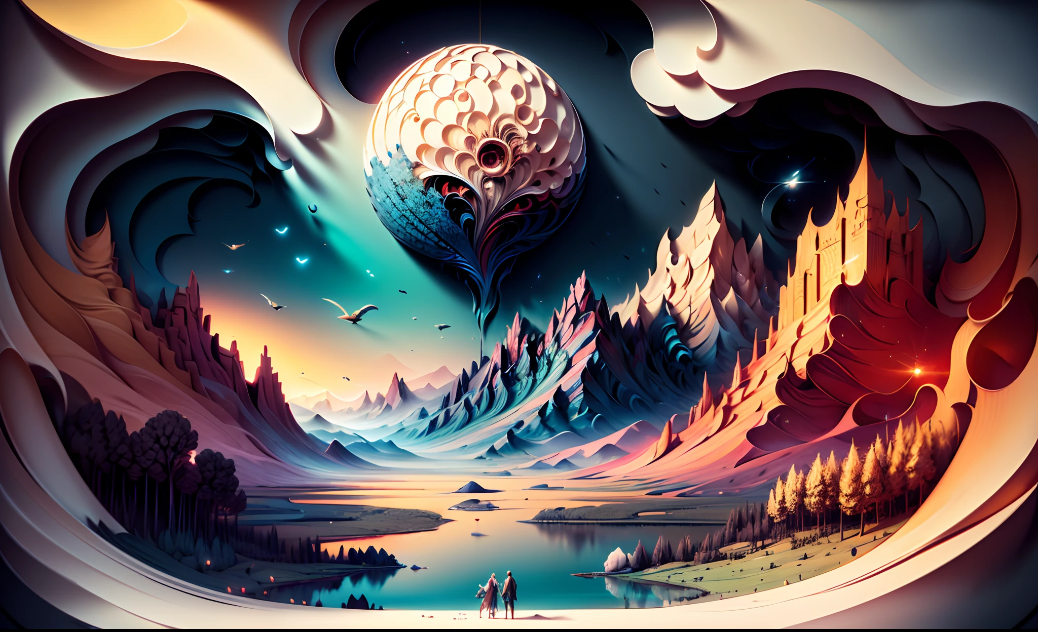 (best quality,4k,highres:1.2),ultra-detailed,(realistic:1.37), vivid colors, dynamic lighting, vibrant atmosphere, surreal landscape, intricate details, magical realism, ethereal beauty, dream-like composition, breathtaking visual, awe-inspiring scenery, foreground-background relationship, surrealistic elements, mesmerizing color palette, atmospheric perspective, seamless blend of textures, meticulously crafted artwork.