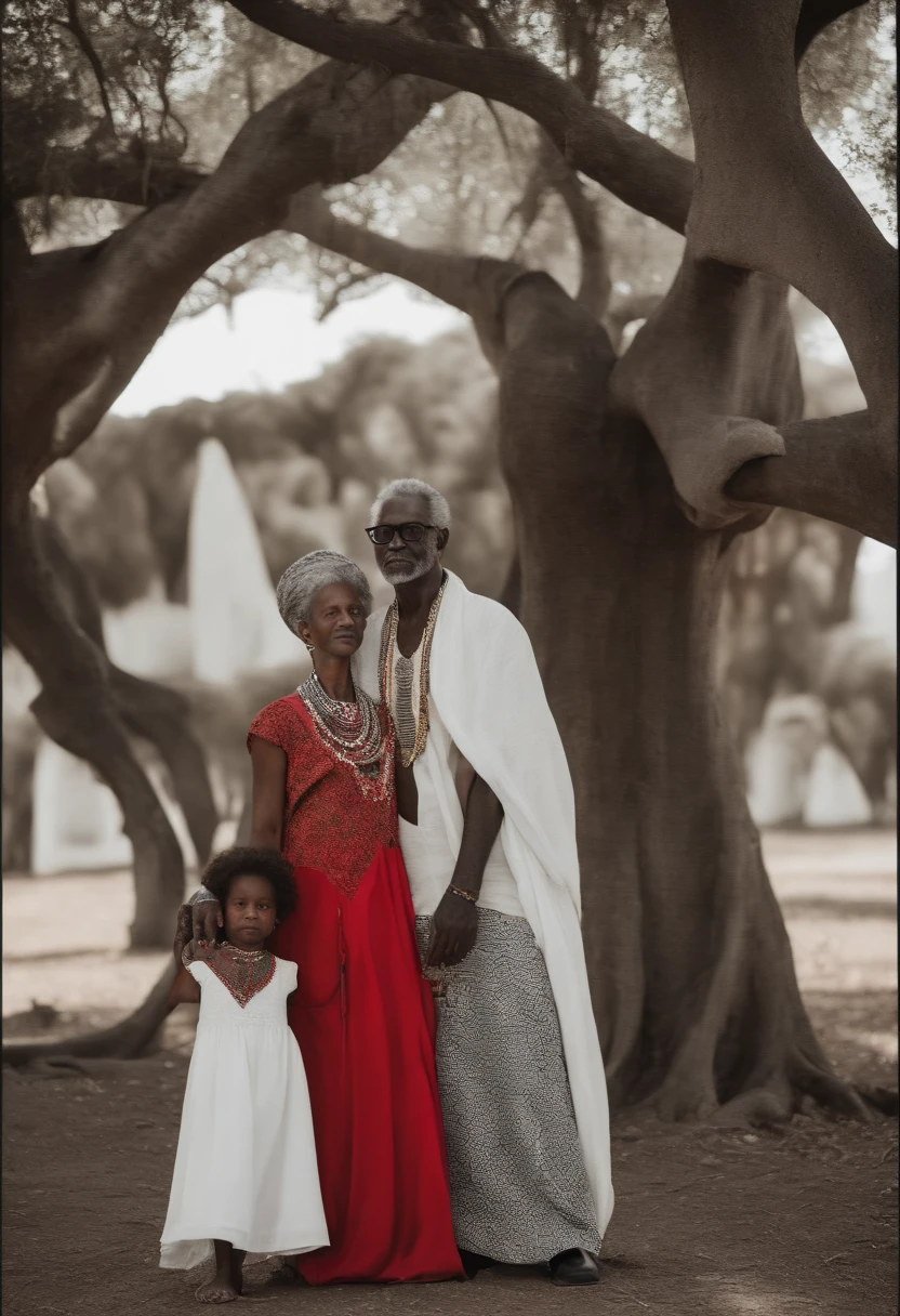 Black man with curly gray hair, dressed in African clothes, en blanc, noir et rouge, elderly, Reunited with his family under a tree. tout noir (((((shapes with perfect details))))) enfants assis par terre