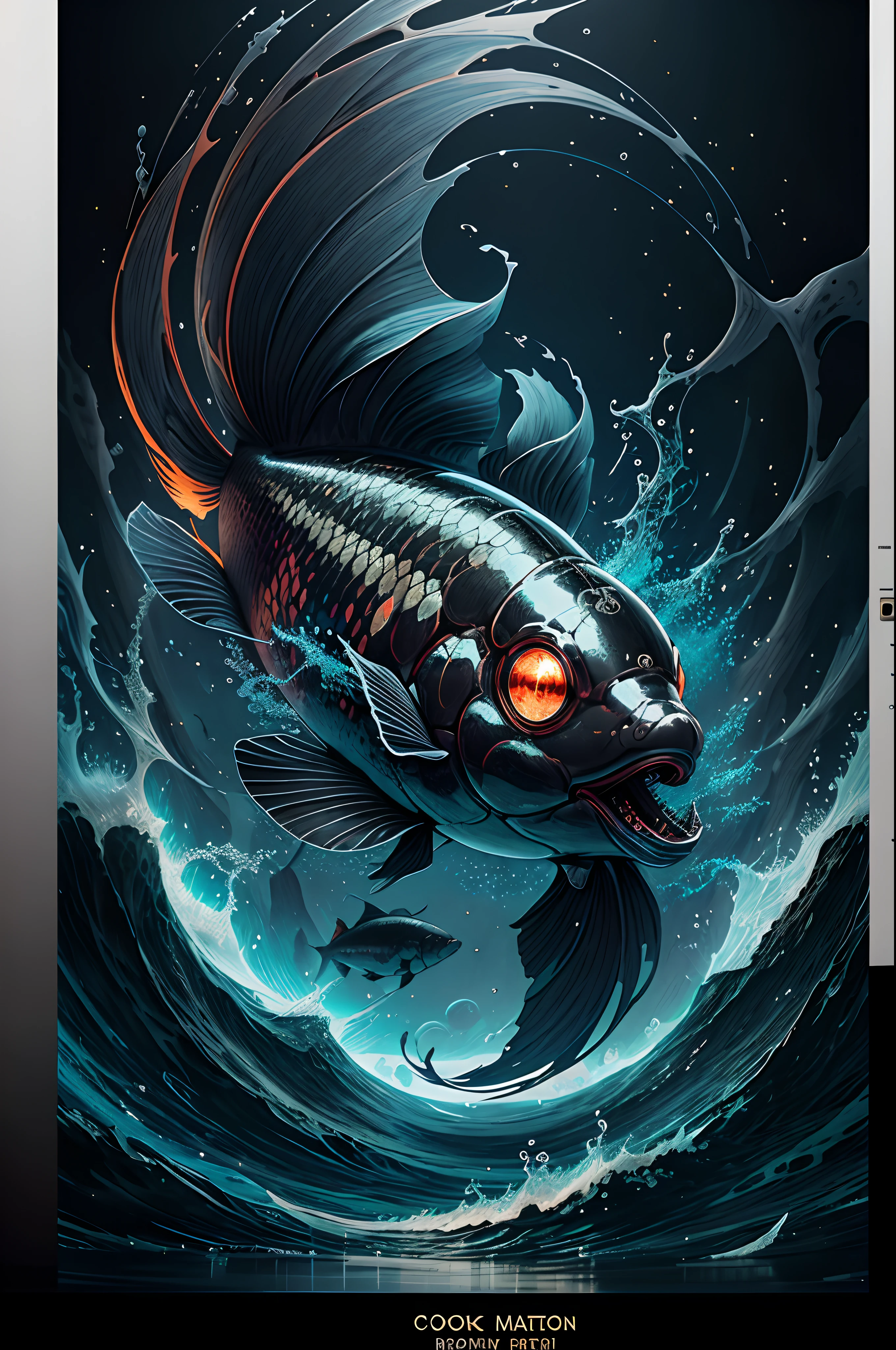 [Black Silver Goldfish 1.5] , Logo masking style illustration, by Dan Mumford, By Greg Rutkowski, by james jean, Black background, Mysterious, Fantasy Art, Realistic, An majestic, rich vivid colors, High contrast, Seamless Water Brand, art  stations, deviantart, dribbling, Red Bubble, Tea Public, Sharp Focus, It features a simple, Hyper Detailed, Detailed drawing, vectorized, outline, Isometric style, 8K,で."