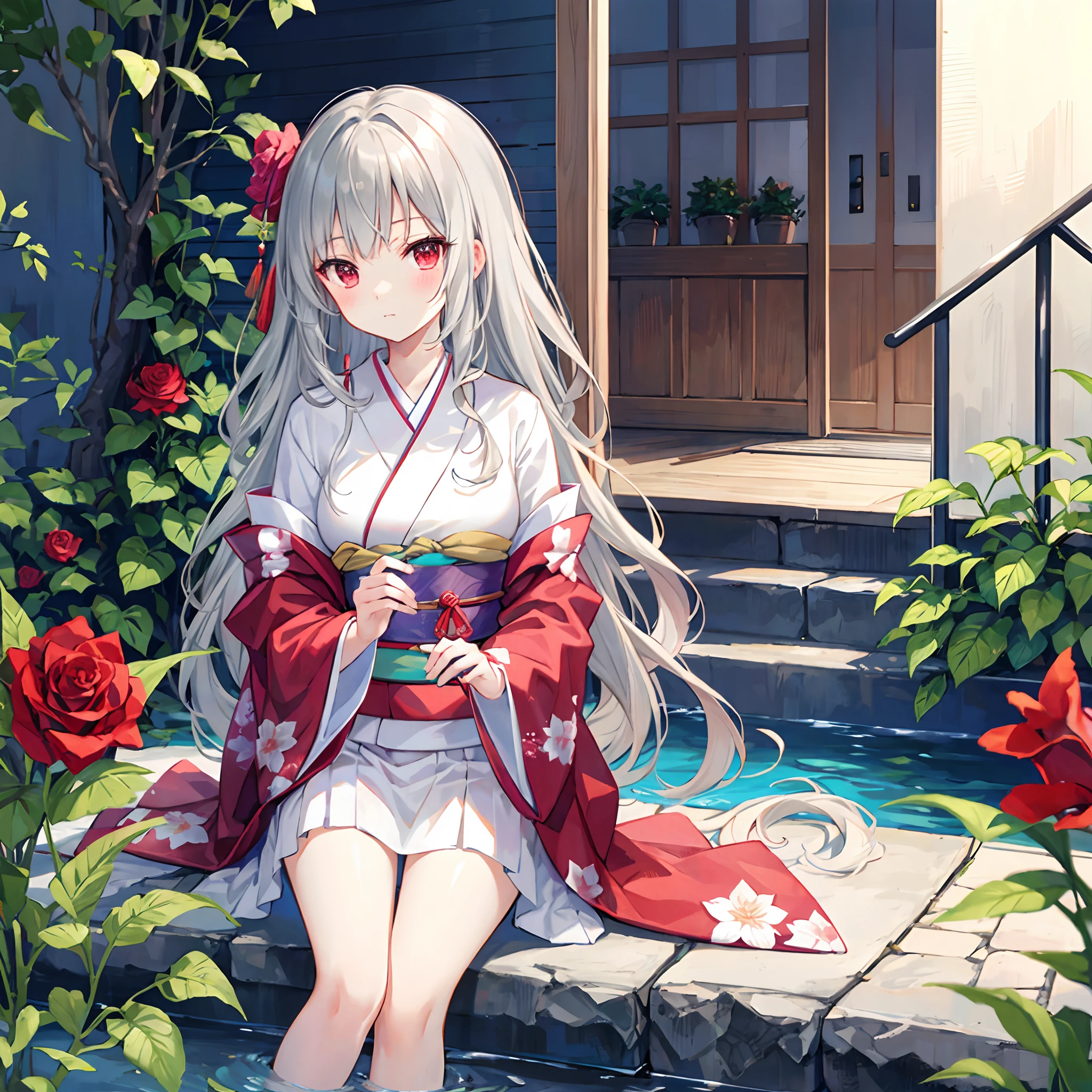 Wavy gray hair、red eyes、Beautiful girl alone、kimono、sitting on、rose garden、Gentle expression