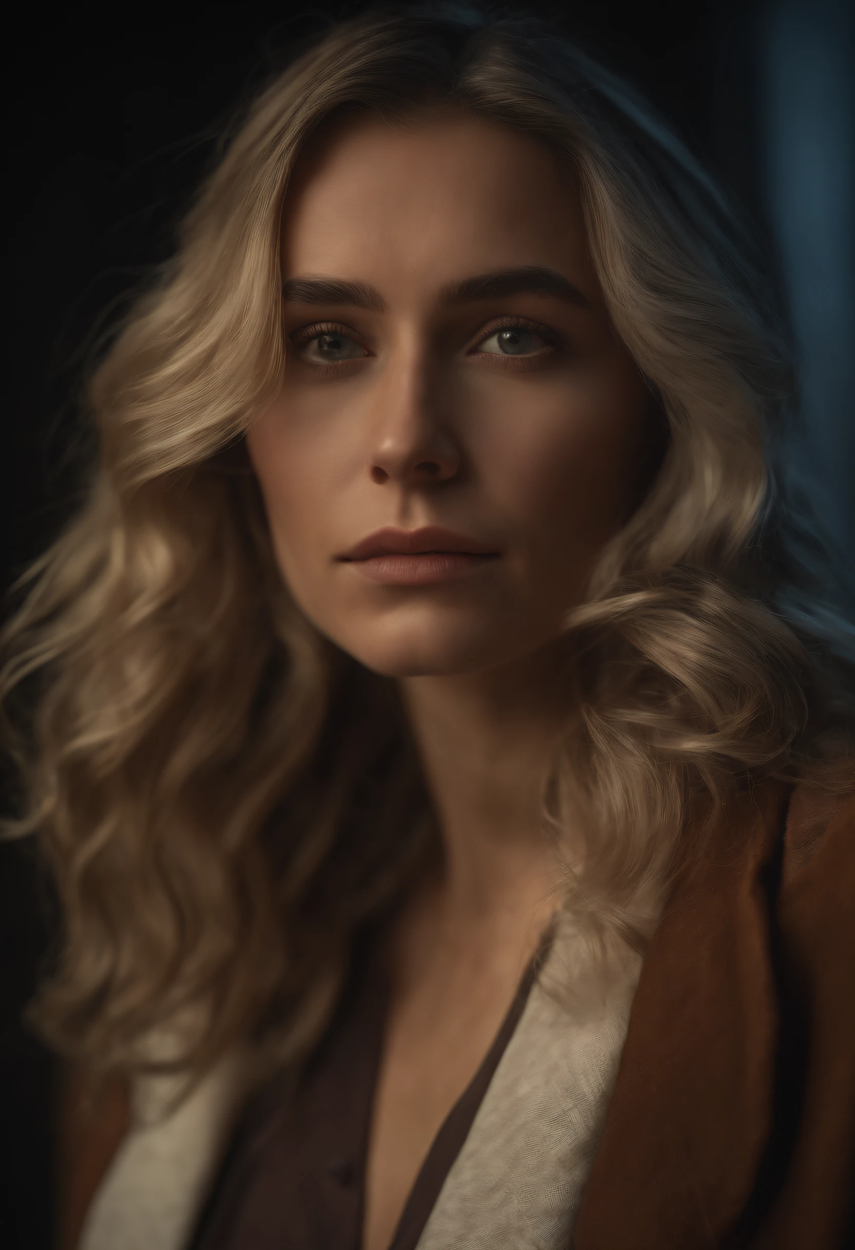 Hyperrealist portrait of female by david hockney and alphonse mucha,fantasy art, photo realistic, dynamic lighting, artstation, poster, volumetric lighting, very detailed faces, 4 k, award winning,, 1girl, in the dark, deep shadow, low key,cowboy shot,(official clothing:1.4) ,long hair,white hair,