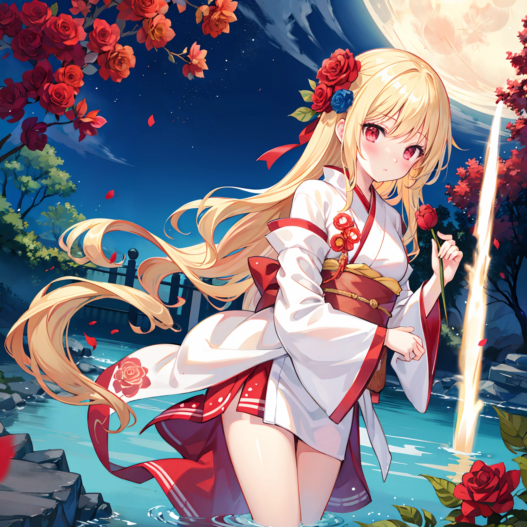 Wavy blonde、red eyes、Beautiful girl alone、kimono、a moon、natta、rose garden、red blush