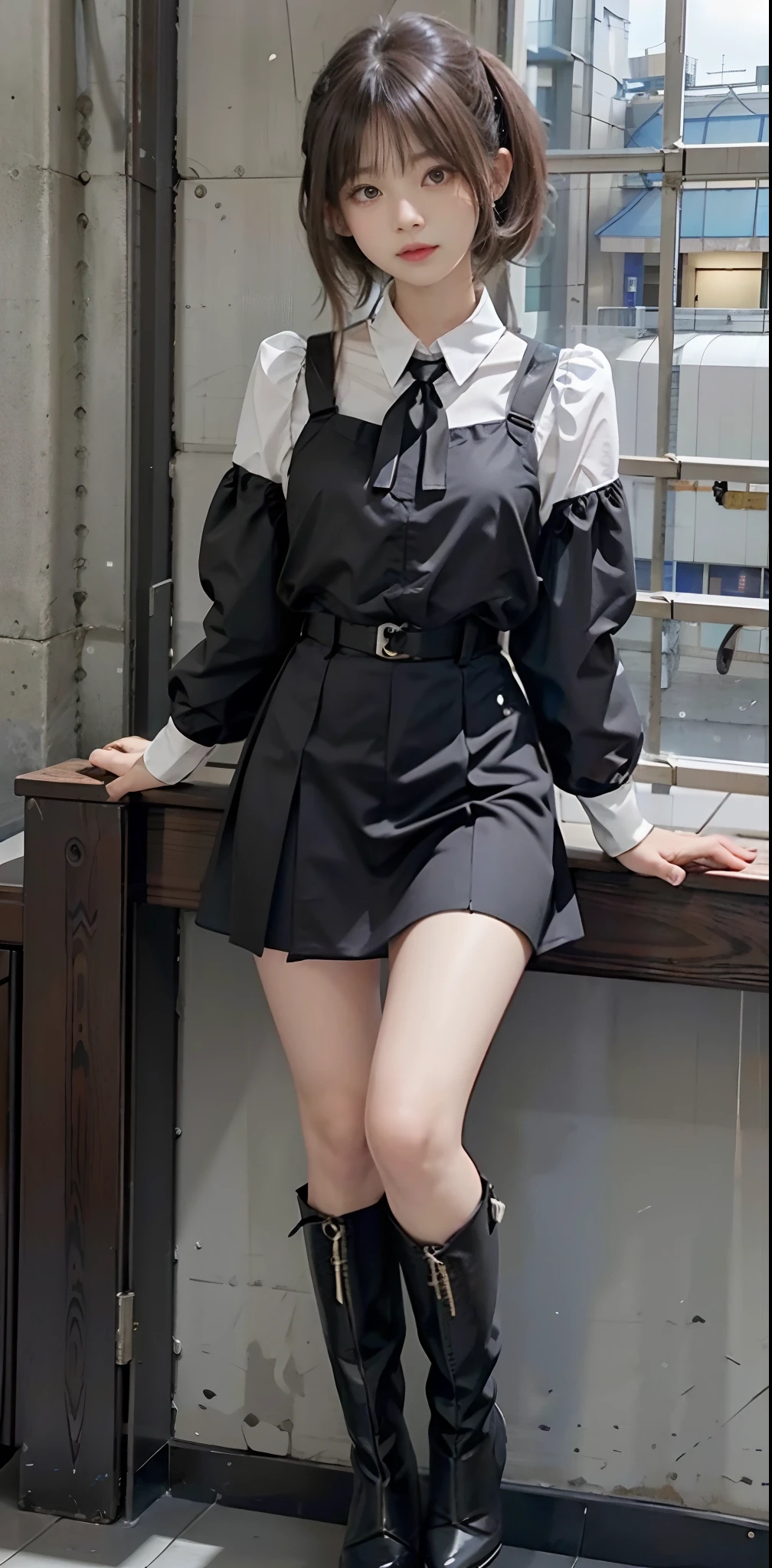 masuter piece、细致背景、movie、Delicate、Girls in Cyberpunk City、Petals flutter、Black skirt, suspenders, brown haired、grey eyes, SF Boots、 Tight black clothes, small tits、white frilly blouse、Valley、holster、chain、poneyTail、Thin leg、A slender、Cute、A sexy、View the viewer from below、hair adornments、fantastical light