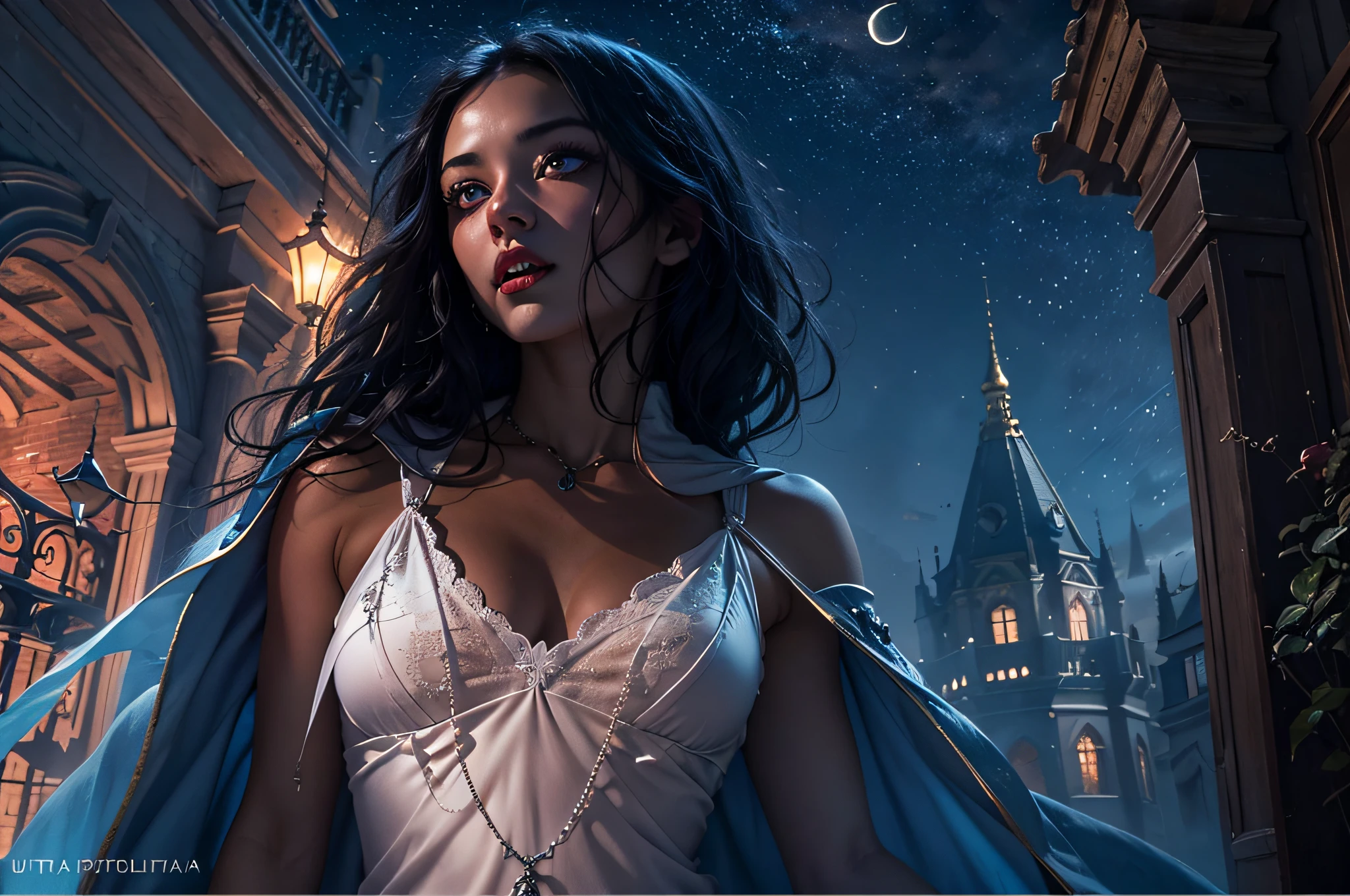a picture of an exquisite beautiful female vampire standing under the starry night sky on the porch of her castle, dynamic angle (ultra detailed, Masterpiece, best quality), ultra detailed face (ultra detailed, Masterpiece, best quality), ultra feminine, dark skin, black  hair, wavy hair, dynamic eyes color, cold eyes, glowing eyes, intense eyes, dark red lips, fangs, wearing white dress, elegant style dress (ultra detailed, Masterpiece, best quality), wearing blue cloak (ultra detailed, Masterpiece, best quality), long cloak, flowing cloak (ultra detailed, Masterpiece, best quality), wearing high heeled boots, sky full of stars background, moon, bats flying about, high details, best quality, 8k, [ultra detailed], masterpiece, best quality, (ultra detailed), full body, ultra wide shot, photorealism, dark fantasy art, dark fantasy art, gothic art, many stars, dark fantasy art, gothic art, sense of dread,