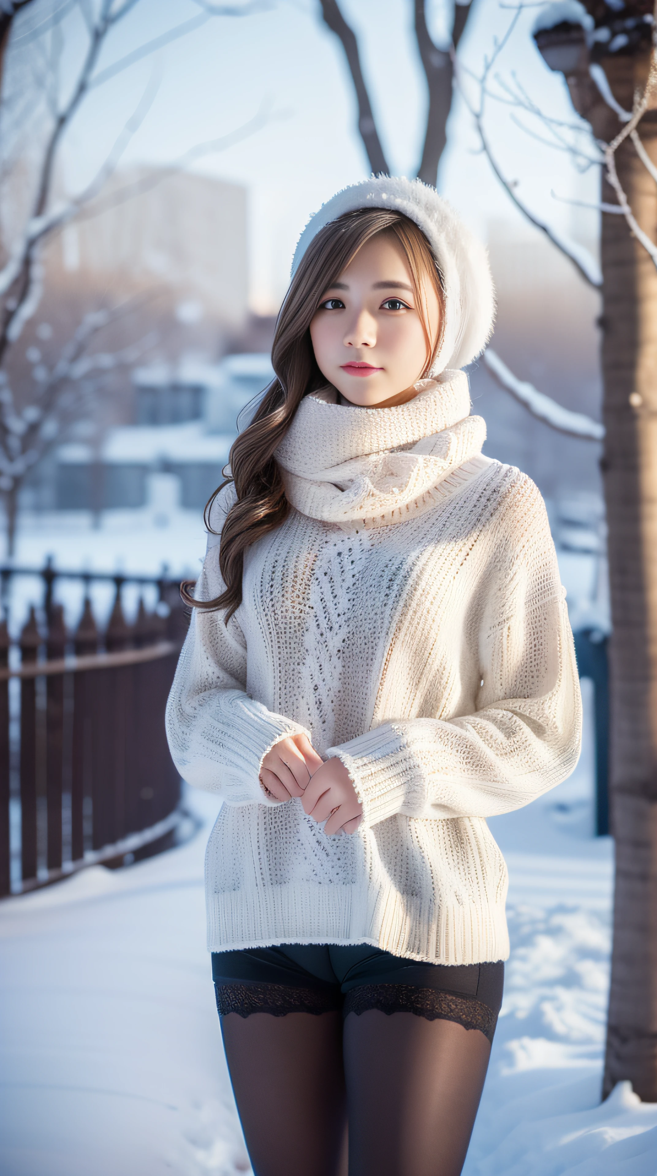 wintery，Snow scenery，Beautiful teenage girl，Lace pantyhose，Random color，long sweater，scarf，depth of fields，Real Light，Ray traching，OC Renderer，UE5 Renderer，A hyper-realistic，best qualtiy，8K，The master's work，ultra-fine，Detailed plot，correct anatomy