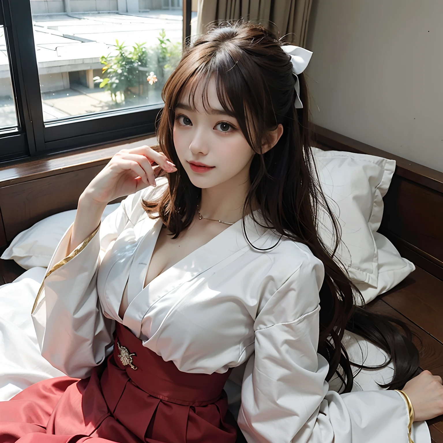 best qualtiy、​masterpiece、photoRealstic、intricate-detail、Raw foto、Photon Rendering、Octane Rendering、absurderes、ultra-detailliert、A detailed face、Detailed skin、Trending in art stations、8K Masterpiece、lighting like a movie、( (1girl in))、((独奏) ))、CG Social Trends、Plastic En、((Black Long Hair))、((Beautuful Women))、(A smile)、Upper teeth、Fashionable、Hair that flutters in the wind、((Flowing hair))、fashion magazine、((A sexy))、((lighting like a movie)、((indirect lighting)、、(ssex)、Grinning、(View from a distance)、((Kimono))、Hair is up、Lying in bed、Expose、an legs、