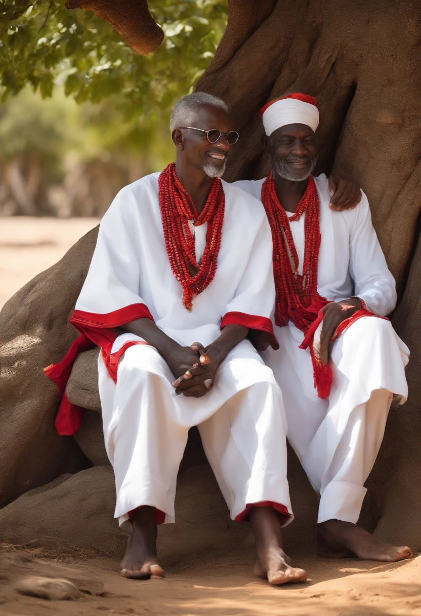 Black man with curly and gray hair, ((((with traditional African clothing))), en blanc, noir et rouge, elderly, Reunited with his religious under a tree. tous assis (((((shaved with perfect details)) ))) enfants assis ensemble par terre