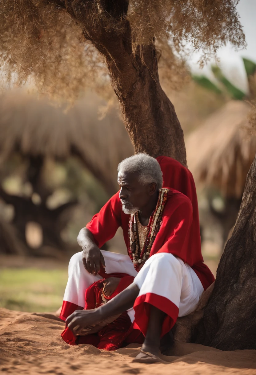 Black man with curly and gray hair, ((((with traditional African clothing))), en blanc, noir et rouge, elderly, Reunited with his religious under a tree. tous assis (((((shaved with perfect details)) ))) enfants assis ensemble par terre