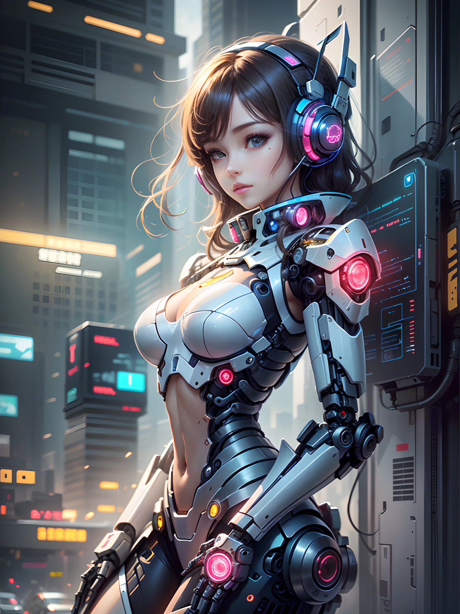 Futuristic woman wearing headphones, Cute cyborg girl, beautiful girl cyborg, Cyborg girl, cyberpunk anime girl mech, perfect anime cyborg woman, Beautiful white girl cyborg, （（（cyborg - girl）））, perfect android girl, Digital cyberpunk anime art, young lady cyborg, perfect cyborg female, Beautiful robot character design, belle fille cyborg, beautiful alluring female cyborg