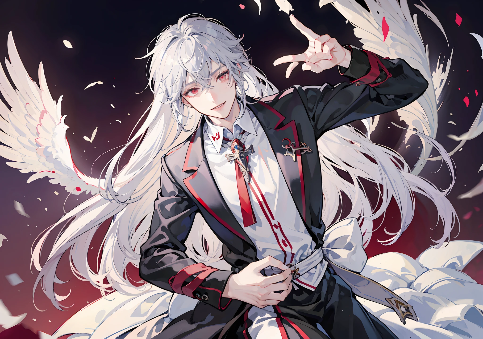 A male teenage is depicted in anime style, red eyes, silver long hair, smiling bashful and blissfully, shy, virtuous, cute, blissful and gentle expression, graceful gesture, wearing white gothic formal style costume, shinny white holy church background, a holy priest vampire, holy aura