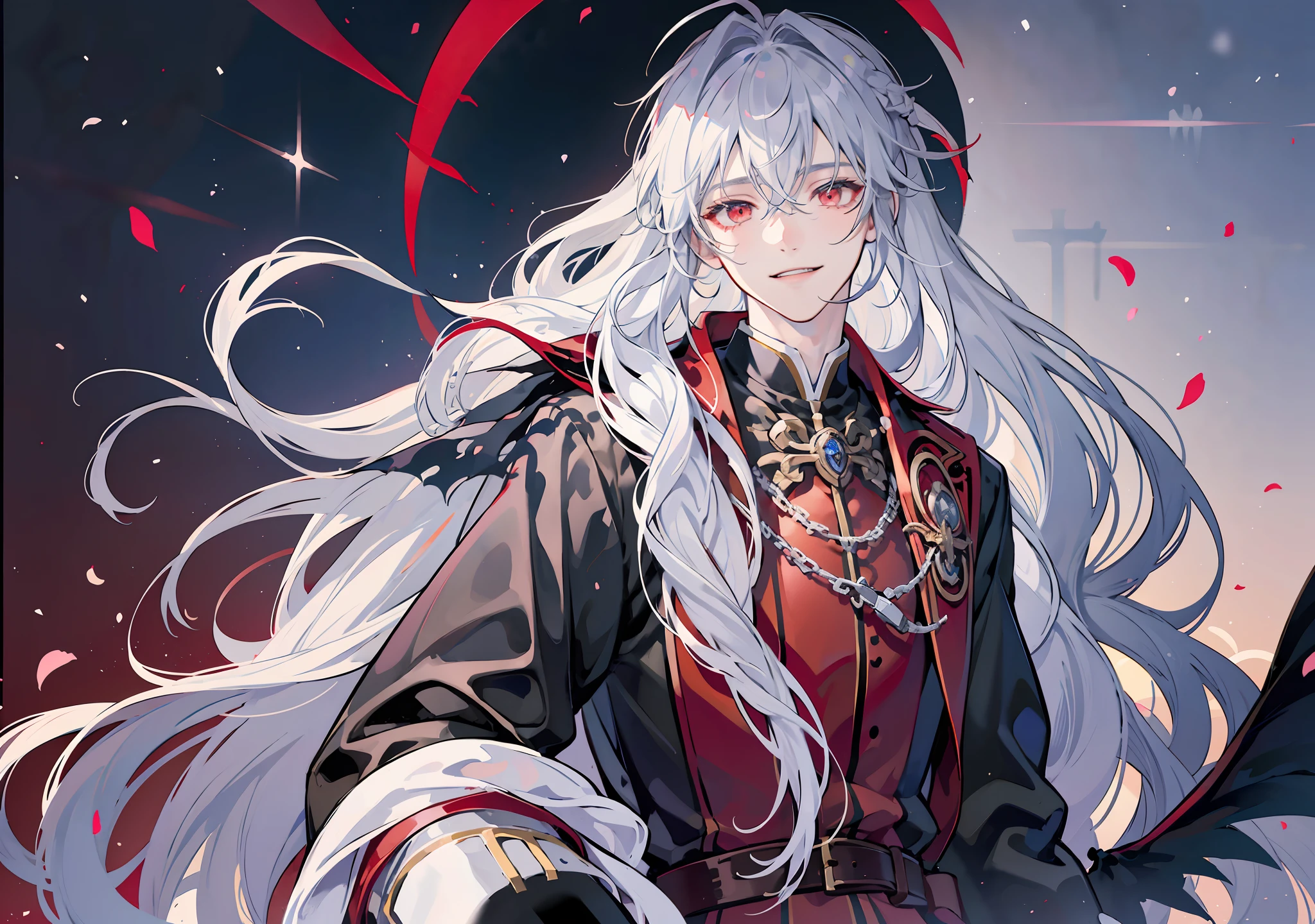 A male teenage is depicted in anime style, red eyes, silver long hair, smiling bashful and blissfully, shy, virtuous, cute, blissful and gentle expression, graceful gesture, wearing white gothic formal style costume, shinny white holy church background, a holy priest vampire, holy aura