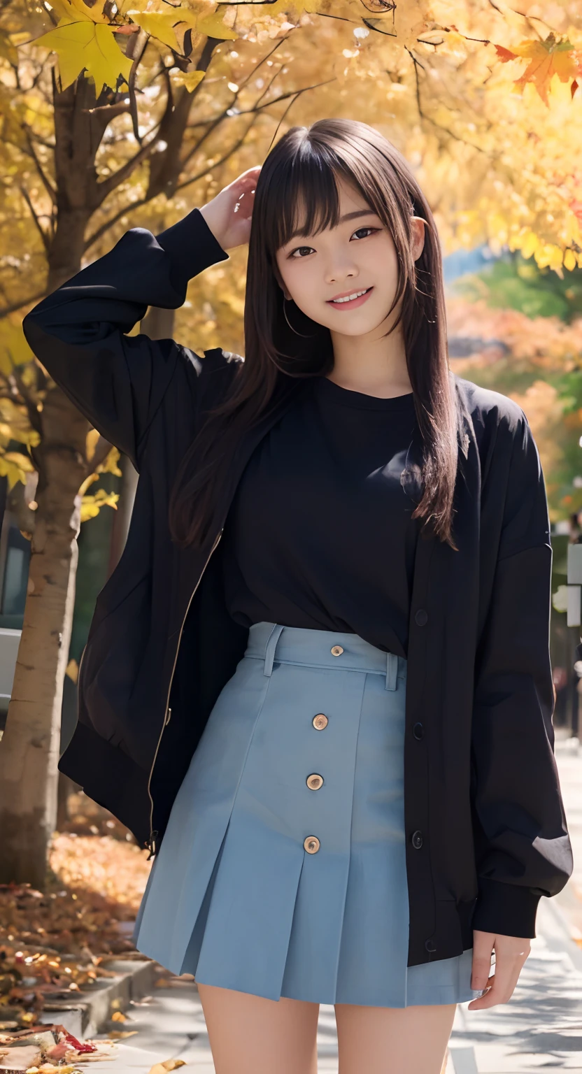 (top-quality、masterpiece:1.2)、Best Quality、realisitic、photoshot、hight resolution、1080p、8K、Textured skin、Physical Rendering、1 Japan Girls、a junior high school student、kawaii、Young Face、Rolled hair、(Autumn Outfit:1.5)、Colored leaves、full of shyness、smil、Big