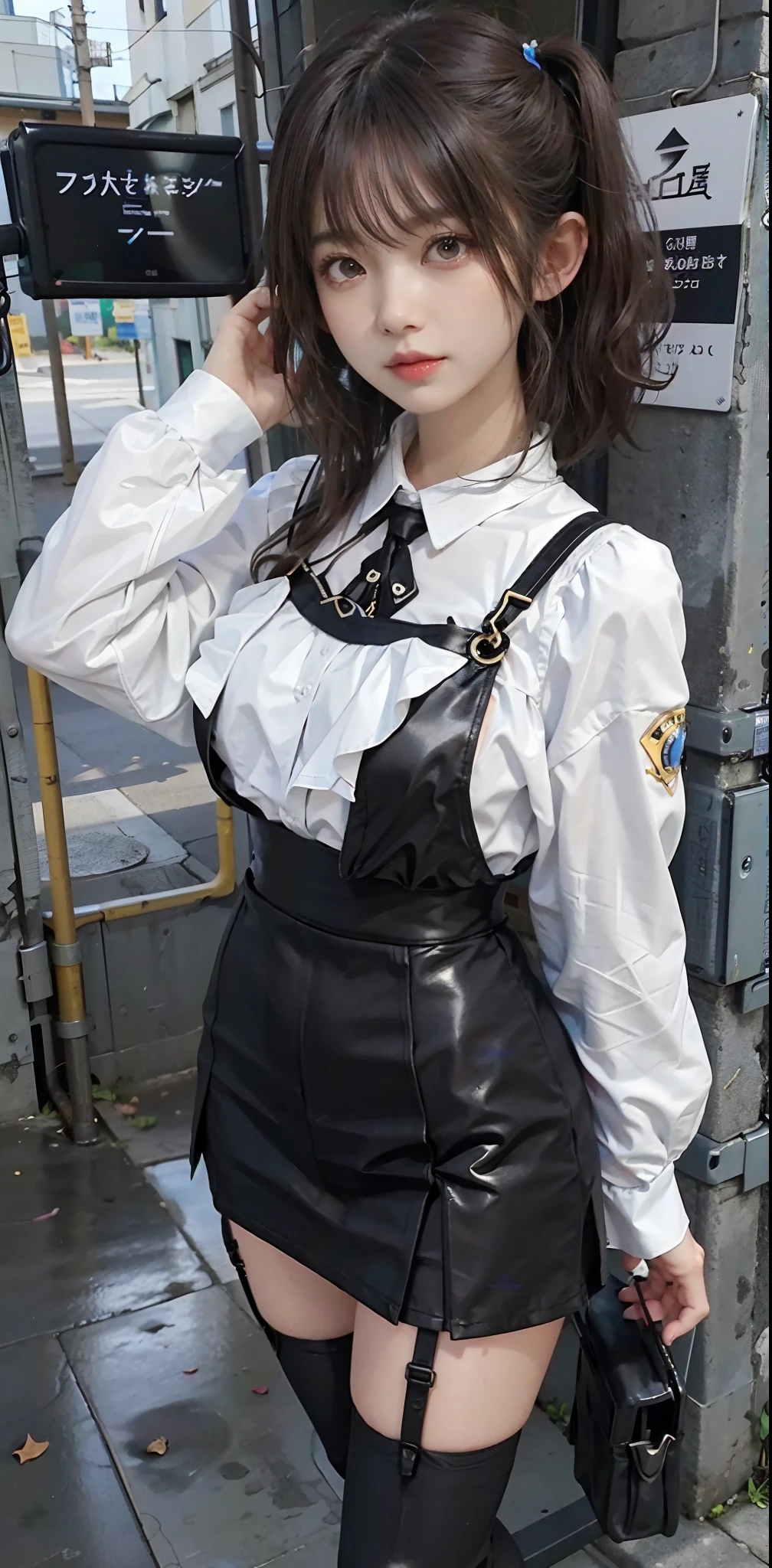 masuter piece、细致背景、Background of the film of the near future、Delicate、Girls in Cyberpunk City、Petals flutter、Black skirt, suspenders, brown haired、grey eyes, SF Boots、 Tight black clothes, small tits、white frilly blouse、Valley、holster、chain、poneyTail、Thin leg、A slender、Cute、A sexy、modeled、View the viewer from below、hair adornments、fantastical light