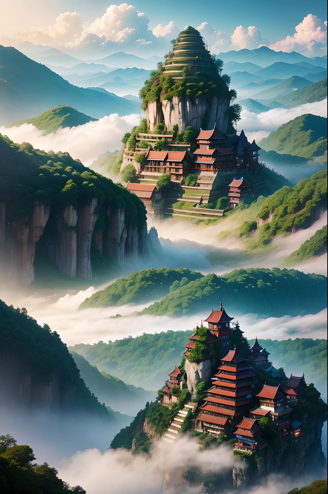 Fairyland on earth，Guizhou Ancient Town，bamboos，willowy，Sea of Clouds，Beauty in the clouds，Guizhou Town，Snowflakes fluttering，Foggy background，Broad field of view，colors full，hyper HD，Ultra-detailed aesthetic scenery，Ultra HD ultra-wide angle，Real view，live shooting。