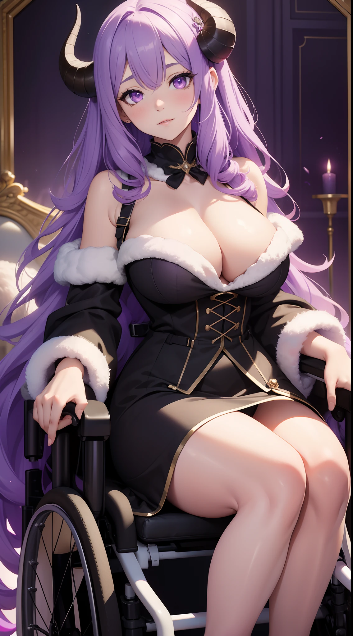 young girl, long curly lilac hair, violet eyes, Sheep horns, princess dress, open breasts, large breasts, sitting in a wheelchair, Masterpiece, hiquality, higly detailed, HD, 4k