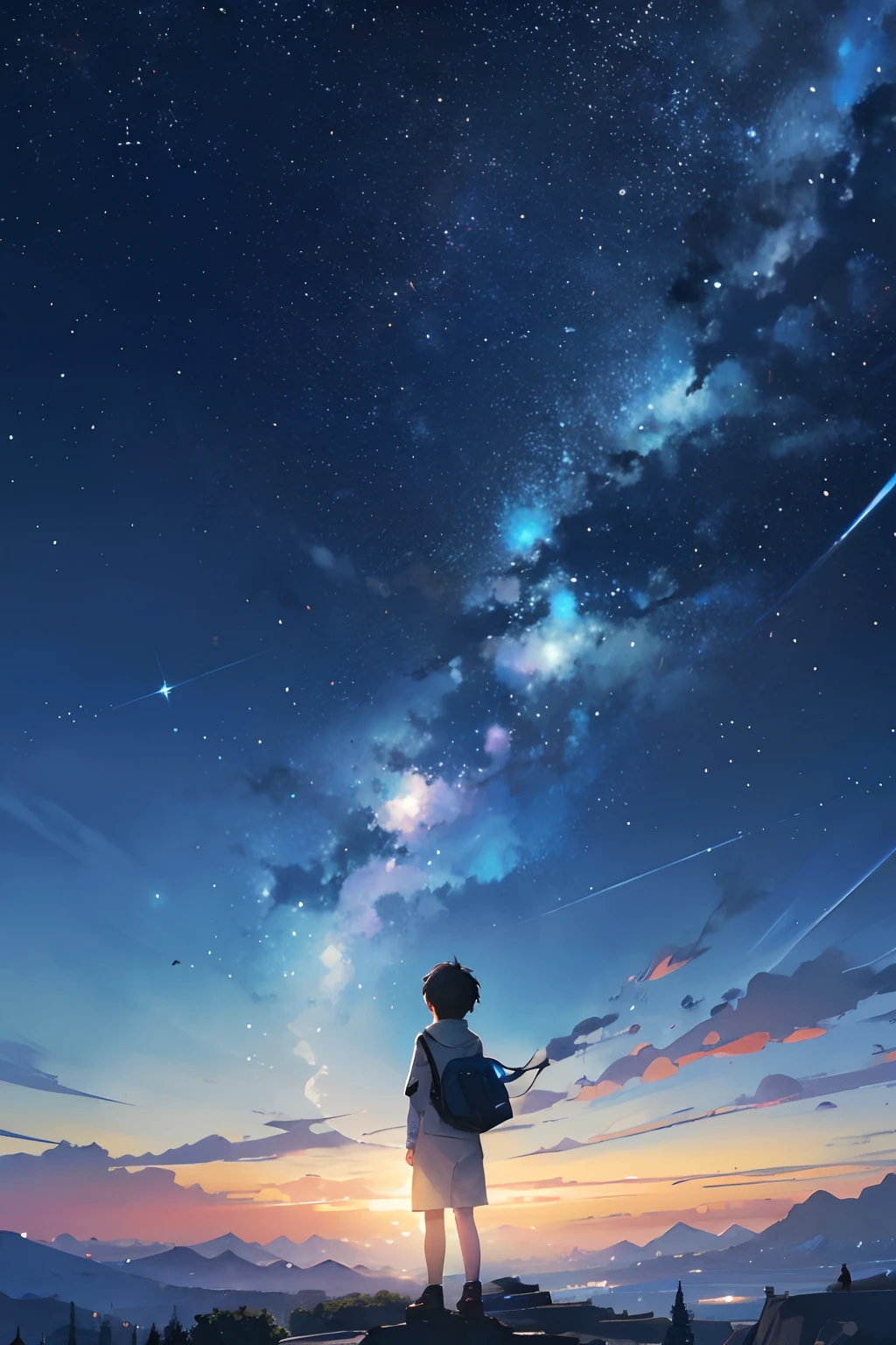 Create exquisite illustrations reminiscent of Makoto Shinkai's style, It has ultra-fine details and top-notch quality. Create an illustration featuring a young boy gazing up at a fantastical starry sky. The night sky is adorned with shooting stars, creating a mesmerizing and dreamlike atmosphere. The boy's wonder-filled expression reflects the magic of the moment as he witnesses the celestial spectacle. The entire scene is steeped in enchantment, inviting viewers to share in the awe-inspiring beauty of the cosmos.
