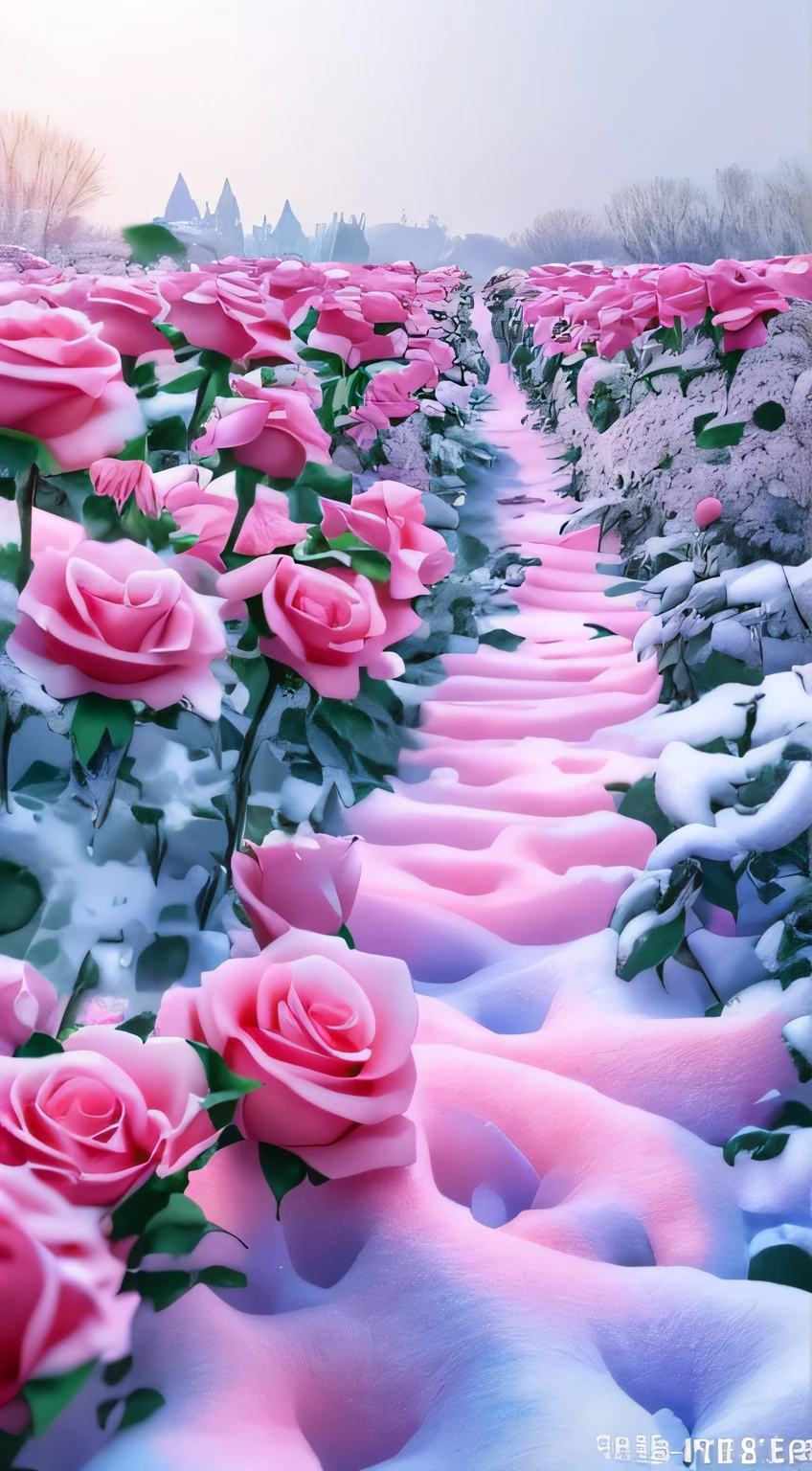 There are many pink roses covered in snow, Really beautiful nature, Beautiful nature, with frozen flowers around her, very beautiful photograph of, Beautiful and aesthetic, beautiful flowers growing, Beautiful flowers, author:Cheng Jiasui, Rose garden, leading to a beautiful, very realistic looking, Incredibly beautiful, warm beautiful scene, by Yang J, ultra-realistic picture, Beautiful composition