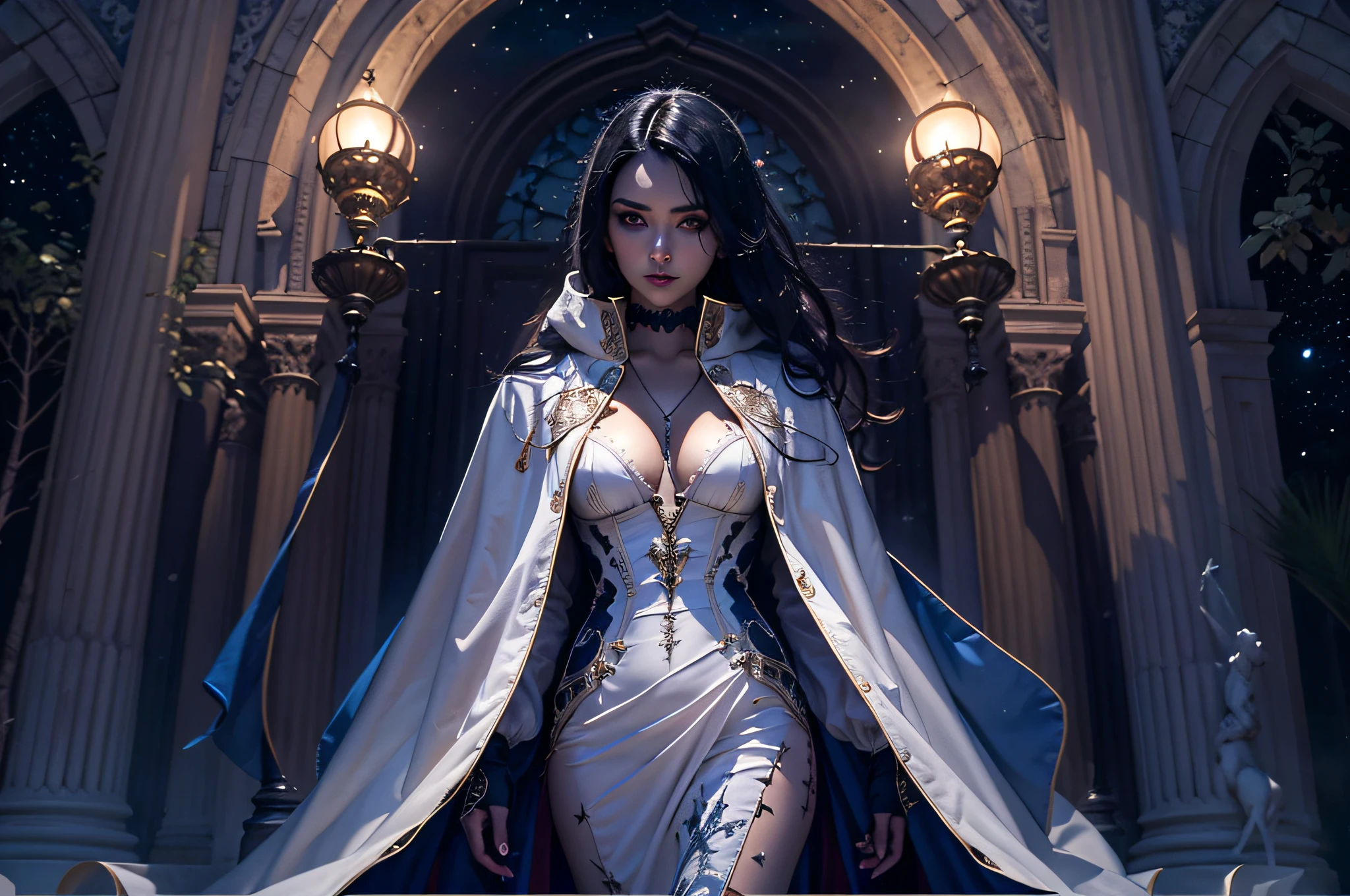 a picture of an exquisite beautiful female vampire standing under the starry night sky on the porch of her castle, dynamic angle (ultra detailed, Masterpiece, best quality), ultra detailed face (ultra detailed, Masterpiece, best quality), ultra feminine, dark skin, black  hair, wavy hair, dynamic eyes color, cold eyes, glowing eyes, intense eyes, dark red lips, fangs, wearing white dress, elegant style dress (ultra detailed, Masterpiece, best quality), wearing blue cloak (ultra detailed, Masterpiece, best quality), long cloak, flowing cloak (ultra detailed, Masterpiece, best quality), wearing high heeled boots, sky full of stars background, moon, bats flying about, high details, best quality, 8k, [ultra detailed], masterpiece, best quality, (ultra detailed), full body, ultra wide shot, photorealism, dark fantasy art, dark fantasy art, gothic art, many stars, dark fantasy art, gothic art, sense of dread,