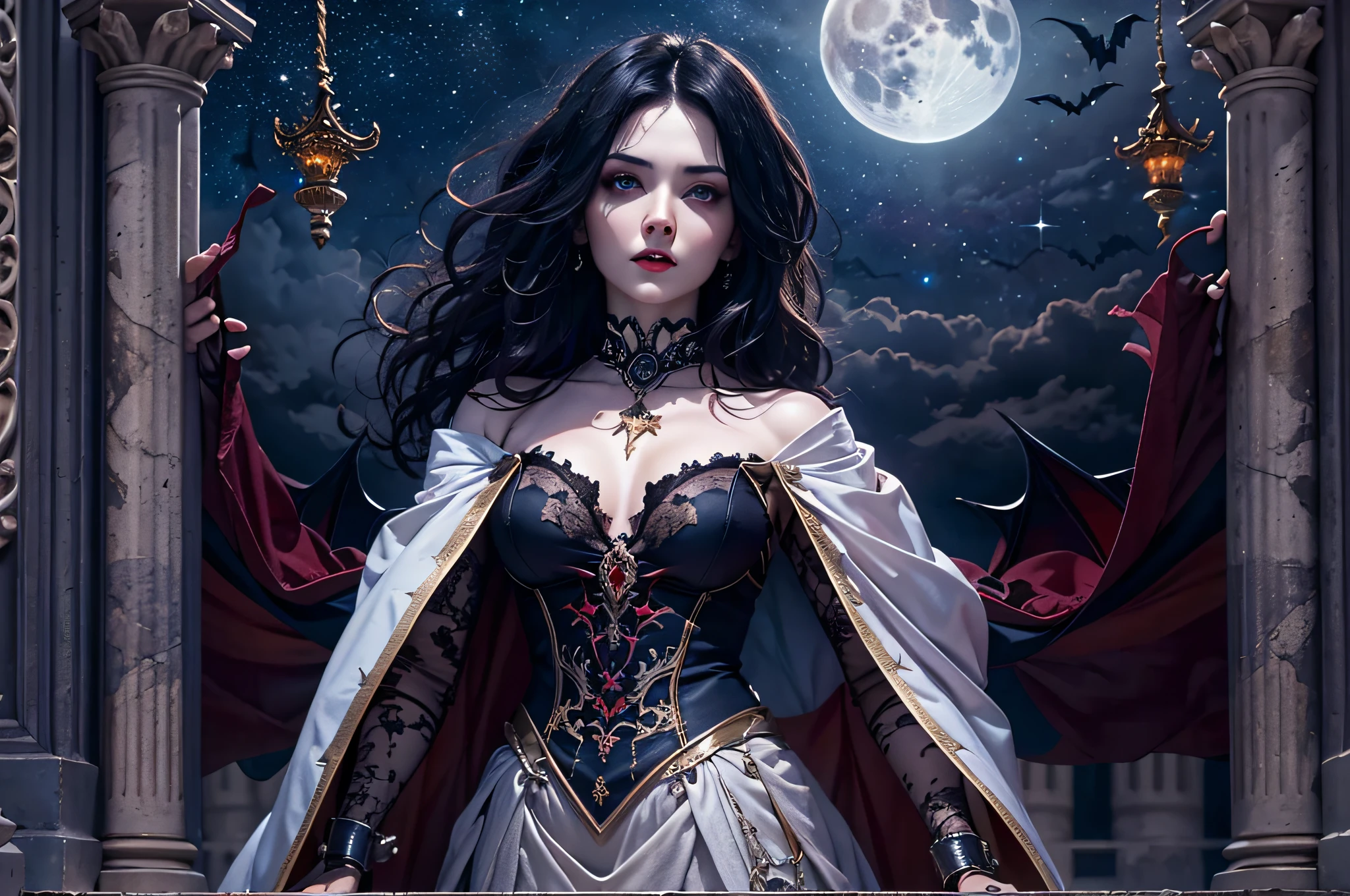 a picture of an exquisite beautiful female vampire standing under the starry night sky on the porch of her castle, dynamic angle (ultra detailed, Masterpiece, best quality), ultra detailed face (ultra detailed, Masterpiece, best quality), ultra feminine, dark skin, black  hair, wavy hair, dynamic eyes color, cold eyes, glowing eyes, intense eyes, dark red lips, fangs, wearing white dress, elegant style dress (ultra detailed, Masterpiece, best quality), wearing blue cloak (ultra detailed, Masterpiece, best quality), long cloak, flowing cloak (ultra detailed, Masterpiece, best quality), wearing high heeled boots, sky full of stars background, moon, bats flying about, high details, best quality, 8k, [ultra detailed], masterpiece, best quality, (ultra detailed), full body, ultra wide shot, photorealism, dark fantasy art, dark fantasy art, gothic art, many stars, dark fantasy art, gothic art, sense of dread,