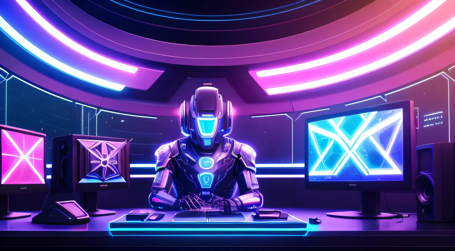 cyberpunk, robot, titanium skeleton, cosmos background, graphic, low poly, sitting on a computer desk, watching TV, which has dashboard, 4 digital displays in background, trending on artstation, sharp focus, studio photo, intricate details, highly detailed, by greg rutkowski, neon, neural network, deep learning, intricate organic, tom bagshaw, ruan jia, ambigrammatic, vivid portrayal, engrossing deta, symbol-patterned background, veritrelex, fractal album cover, symbolic, neon