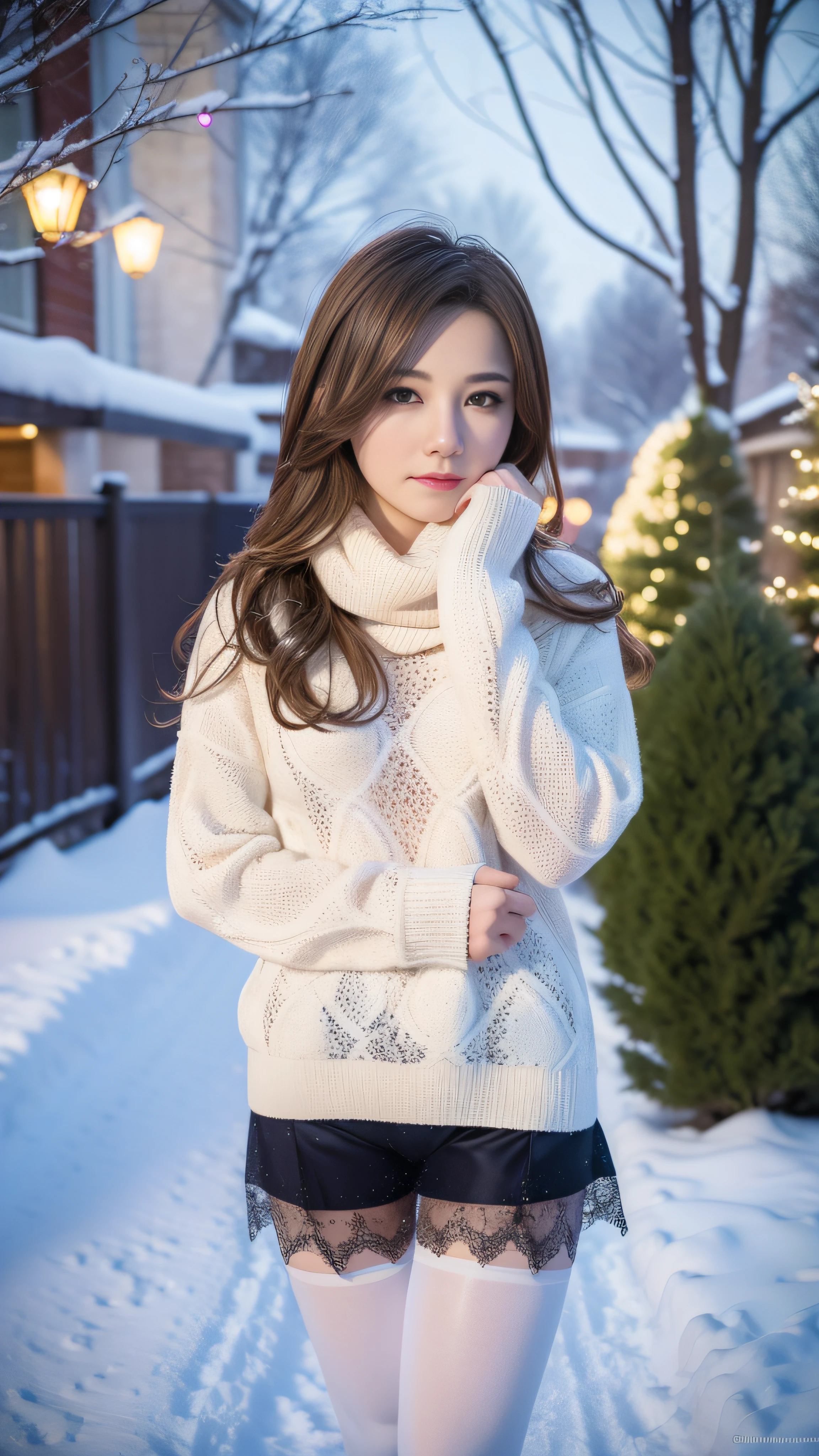 wintery，Snow scenery，Beautiful teenage girl，Lace pantyhose，Random color，long sweater，scarf，depth of fields，Real Light，Ray traching，OC Renderer，UE5 Renderer，A hyper-realistic，best qualtiy，8K，The master's work，ultra-fine，Detailed plot，correct anatomy