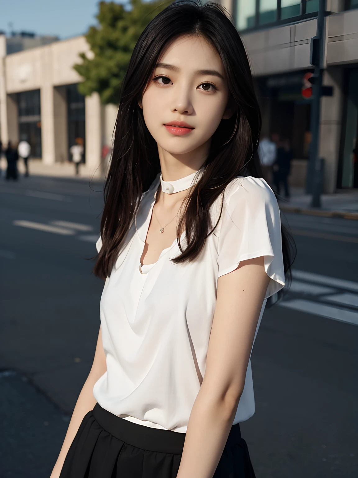 best qualtiy，tmasterpiece，超高分辨率，（真实感：1.4），RAW photogr，1girll，long whitr hair，Face Highlighting，Pure，Girly，Flushing，18yr old，18-year-old smiling female classmate，Pure，Innocent，（best qualtiy，8K，tmasterpiece:1.3），Goose egg face，largeeyes，long eyelasher，Exquisite（live-action realistic style），Star-like eyes，Ultimate face，Photorealistic light and shadow，Clear facial features，Milky white skin，Fair skin， highdetailskin， Realistic skin details， Visible Pore，（Super detail），（perfect bodies：1.1），long whitr hair，（dynamicposes），((Dynamic background((volumettic light：1.3))，black short skirt，White color blouse，choker necklace，Street photography，Feel free，Dashing