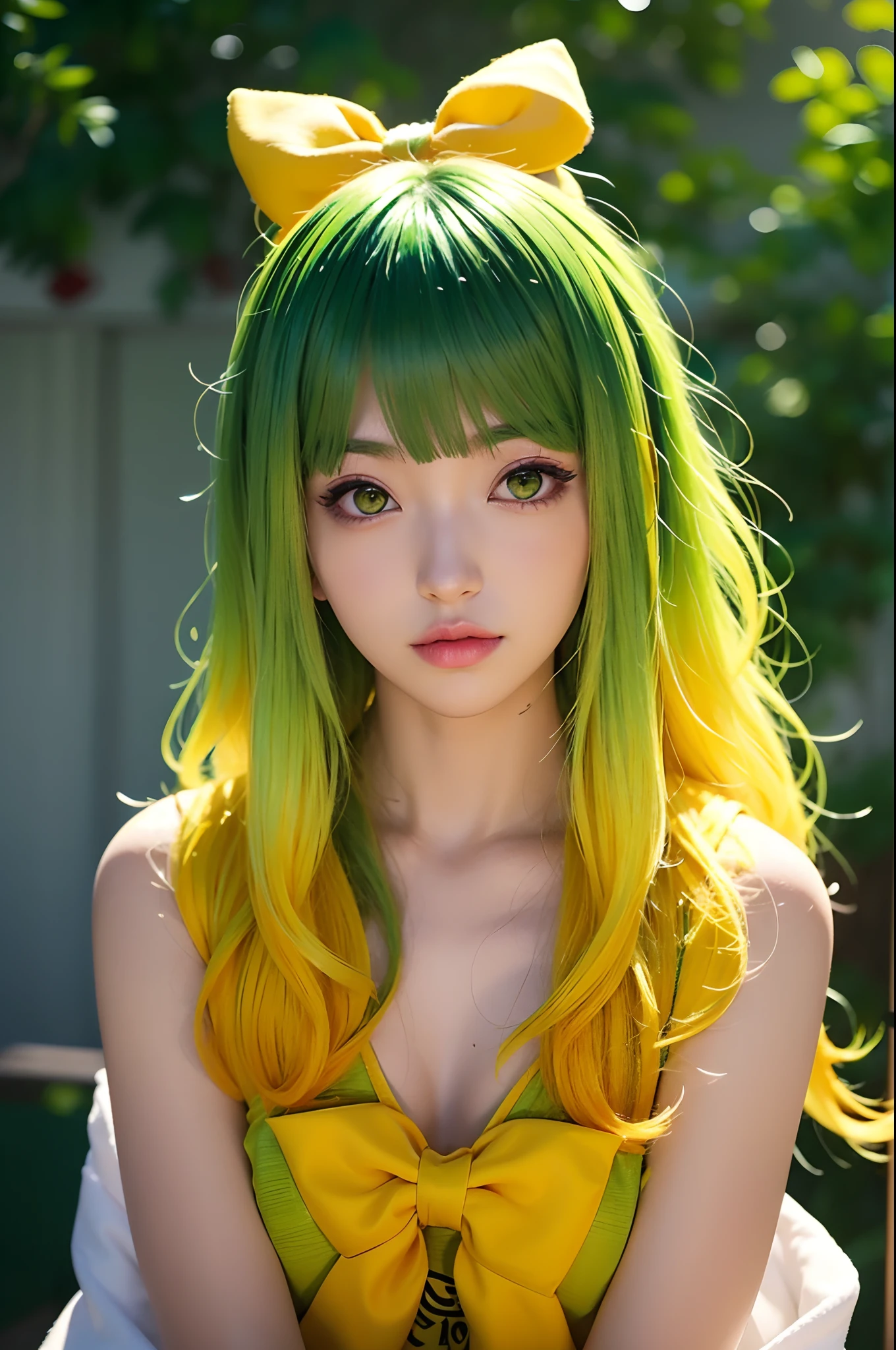 (banchan is a 1girl: 1.0), (green eyes_0.9), (green hair_0.8), (yellow hair_0.7), (hair ombre_0.4), (hair bow_0.5), charming light