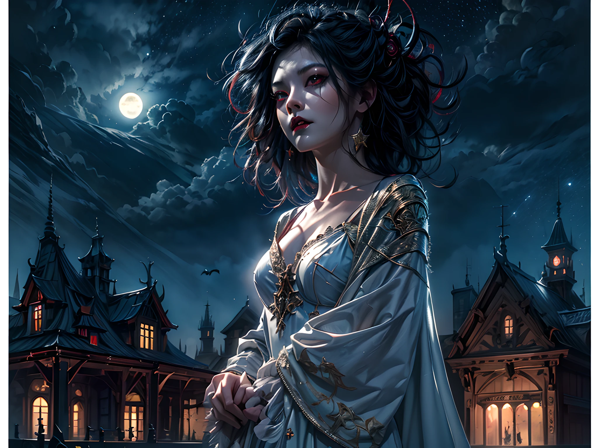 a picture of an exquisite beautiful female vampire standing under the starry night sky on the porch of her castle, dynamic angle (ultra detailed, Masterpiece, best quality), ultra detailed face (ultra detailed, Masterpiece, best quality), ultra feminine, dark skin, black hair, wavy hair, dynamic eyes color, cold eyes, glowing eyes, intense eyes, dark red lips, [fangs], wearing white dress (ultra detailed, Masterpiece, best quality), wearing blue cloak (ultra detailed, Masterpiece, best quality), long cloak, flowing cloak (ultra detailed, Masterpiece, best quality), wearing high heeled boots, sky full of stars background, moon, bats flying about, high details, best quality, 8k, [ultra detailed], masterpiece, best quality, (ultra detailed), full body, ultra wide shot, photorealism, dark fantasy art, dark fantasy art, gothic art, many stars, dark fantasy art, gothic art, sense of dread,