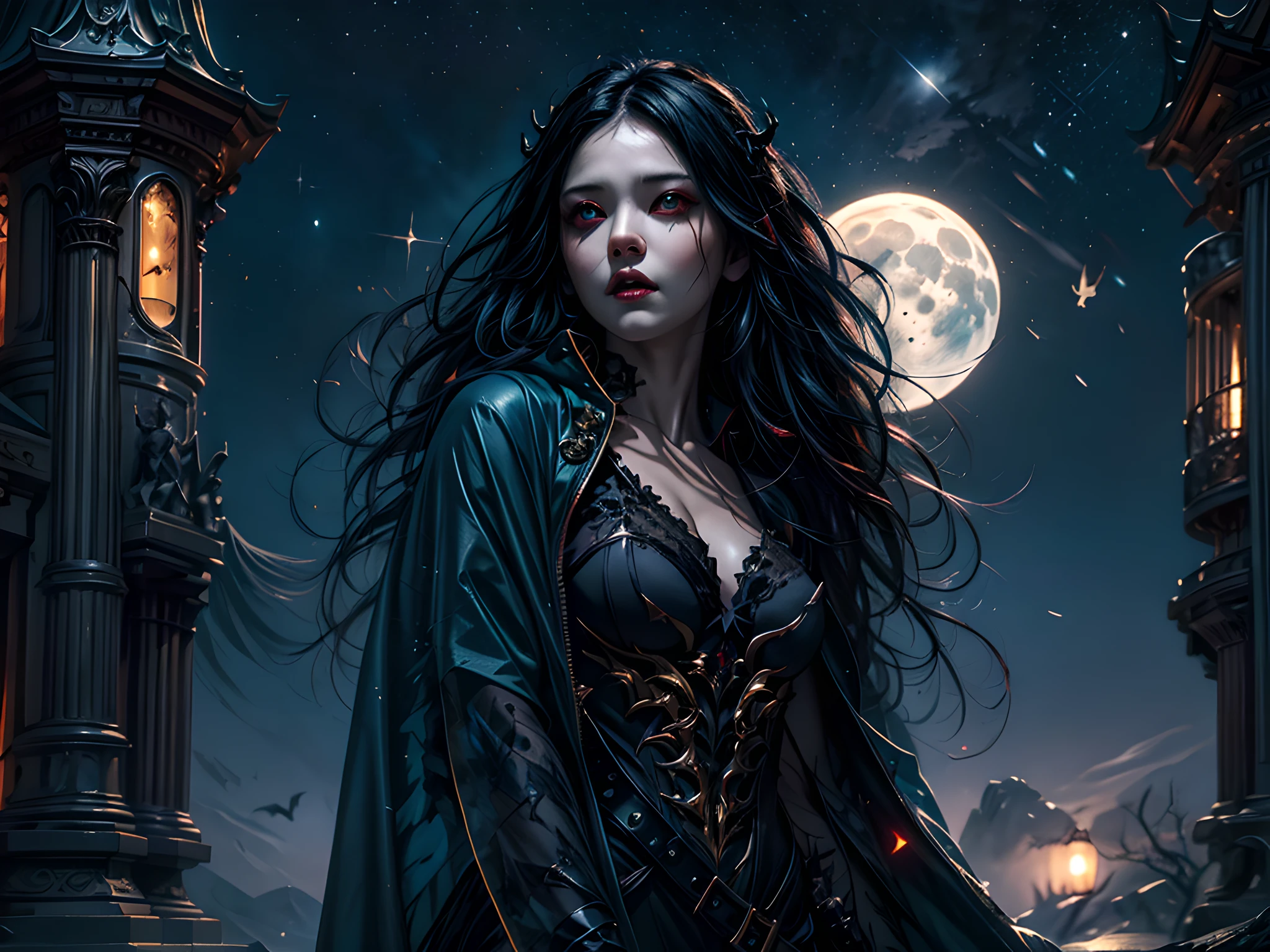 a picture of an exquisite beautiful female vampire standing under the starry night sky on the porch of her castle, dynamic angle (ultra detailed, Masterpiece, best quality), ultra detailed face (ultra detailed, Masterpiece, best quality), ultra feminine, dark skin, black hair, wavy hair, dynamic eyes color, cold eyes, glowing eyes, intense eyes, dark red lips, [fangs], wearing white dress (ultra detailed, Masterpiece, best quality), wearing blue cloak (ultra detailed, Masterpiece, best quality), long cloak, flowing cloak (ultra detailed, Masterpiece, best quality), wearing high heeled boots, sky full of stars background, moon, bats flying about, high details, best quality, 8k, [ultra detailed], masterpiece, best quality, (ultra detailed), full body, ultra wide shot, photorealism, dark fantasy art, dark fantasy art, gothic art, many stars, dark fantasy art, gothic art, sense of dread,