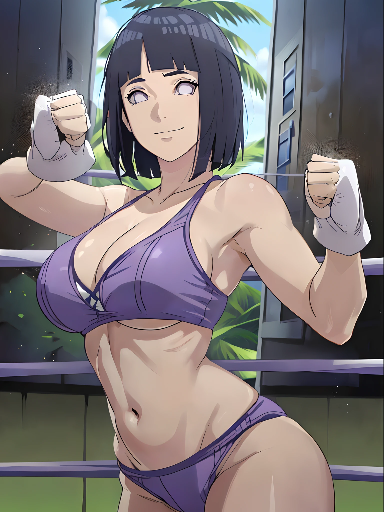 anime style, wrestling ground, (hinata\(boruto\), (female wrestler), (slender body), mature woman, milf, (bikini, pro wrestling gear) victorious, gorgeous, winner, kind face, smile, closed mouth, pale skin, (dark blue hair color:1.1), wavy hair, ((short hair, hime cut), big breasts, (only one arm stretching), long belly, closed fists