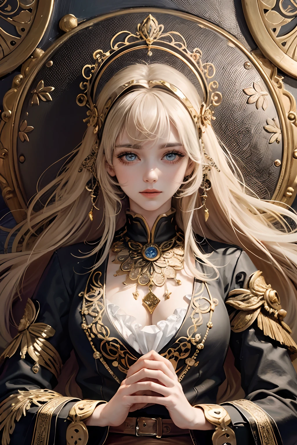 (absurderes, A high resolution, Ultra detailed), 1girll, Solo, mature, rococo, Long dress, longer sleeves, elegant, Colorful, highest details, Upper body, masterpiec, Majestic, Calm face, The head is slightly tilted, Colorful eyes, Long hair