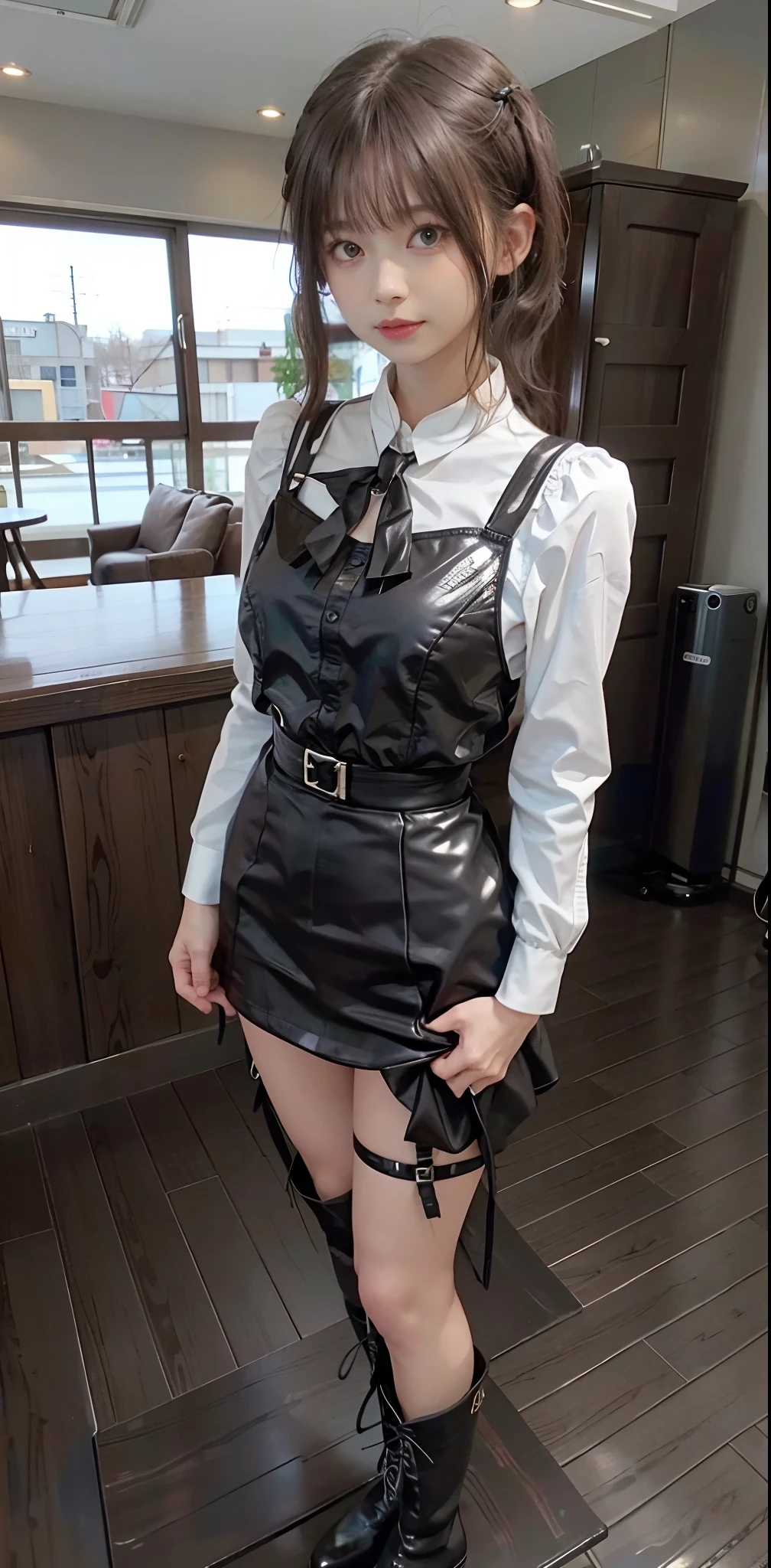 masuter piece、Hotel Suites、Delicate、Girls in Cyberpunk City、Petals flutter、Black skirt, suspenders, brown haired、grey eyes, SF Boots、 Tight black clothes, small tits、white frilly blouse、Valley、holster、chain、poneyTail、Thin leg、A slender、Cute、A sexy、modeled、View the viewer from below、hair adornments、fantastical light