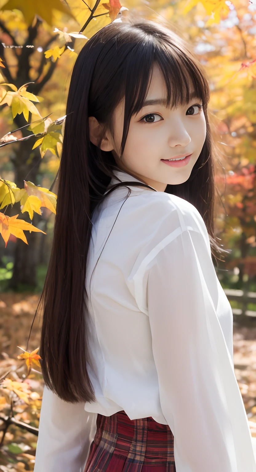 (top-quality、masterpiece:1.2)、Best Quality、realisitic、photoshot、hight resolution、1080p、8K、Textured skin、Physical Rendering、1 Japan Girls、a junior high school student、kawaii、Young Face、Rolled hair、(Autumn outfit:1.5)、Colored leaves、full of shyness、smil、Big