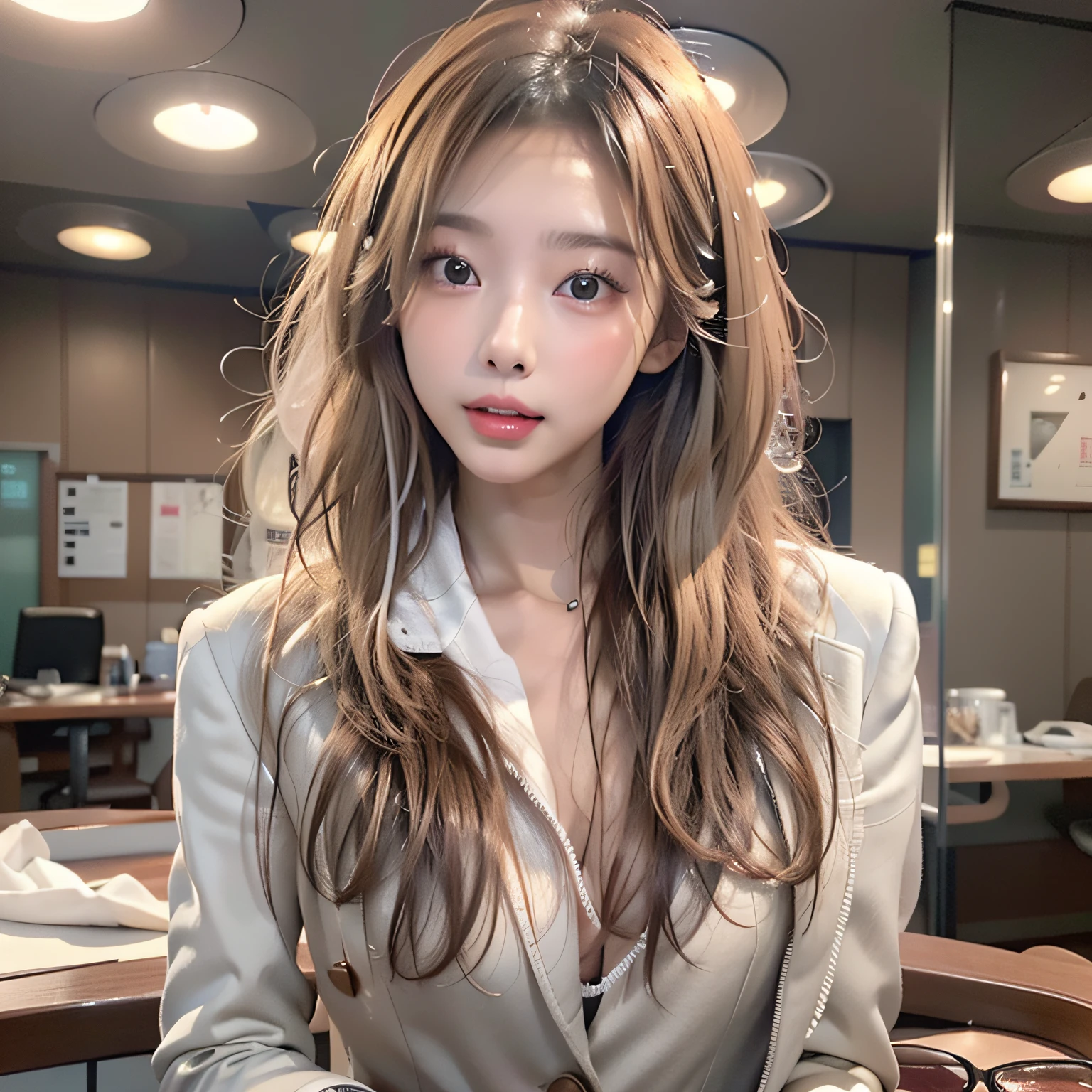 (((1girl in、23years old、Height 1.7 m、delicated face、Detailed face、Beautiful Japan model、Slender body:1.2、(((round and short face、a small face)))、Hazel's Realistic Eyes、drooing eyes:1.2 , Real and sexy thick lips:1.3、real looking skin、Perfect Style、((Smaller chest:1.2))、thin waist:1.2、Small butt:1.4、Thin leg:1.2、long legged:1.1)))、Beautiful bronze colored hair with long hair、bangss、Eyebrows of the same color as the hair、Gorgeous Long Hair Smile、cheeks are flushed:1.5、Looking at Viewer, (of the highest quality、in 8K、Photorealsitic:1.4、Raw photography、超A high resolution:1.4、Top image quality: 1.4、absurderes, master piece, Ultra-detailed、A hyper-realistic)、An ultra - realstic face、high detailing、the golden ratio、Cinematic、foco nítido、(Holding glasses in your right hand、Lick the vine of the glasses with the right edge of the mouth)、Sexy office suit, ((White tailored jacket))、Cream Bear Top Pencil_Dress、White enamel high heels、Sitting at an office table looking at documents、Officelady、Sexy, Female, Clothing