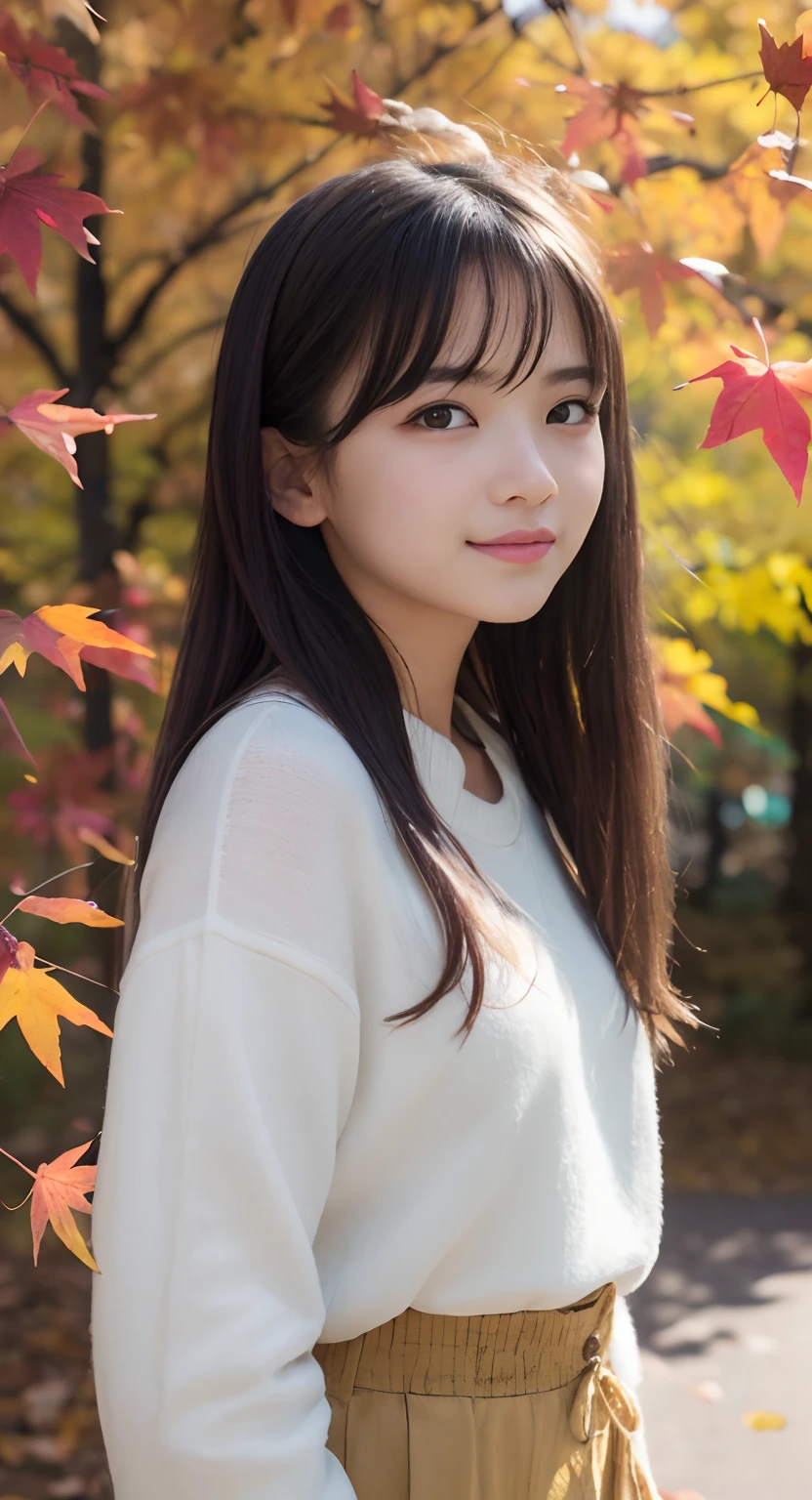 (top-quality、masterpiece:1.2)、Best Quality、realisitic、photoshot、hight resolution、1080p、8K、Textured skin、Physical Rendering、1 Japan Girls、a junior high school student、kawaii、Young Face、Rolled hair、(Autumn outfit:1.5)、Colored leaves、full of shyness、smil、Big