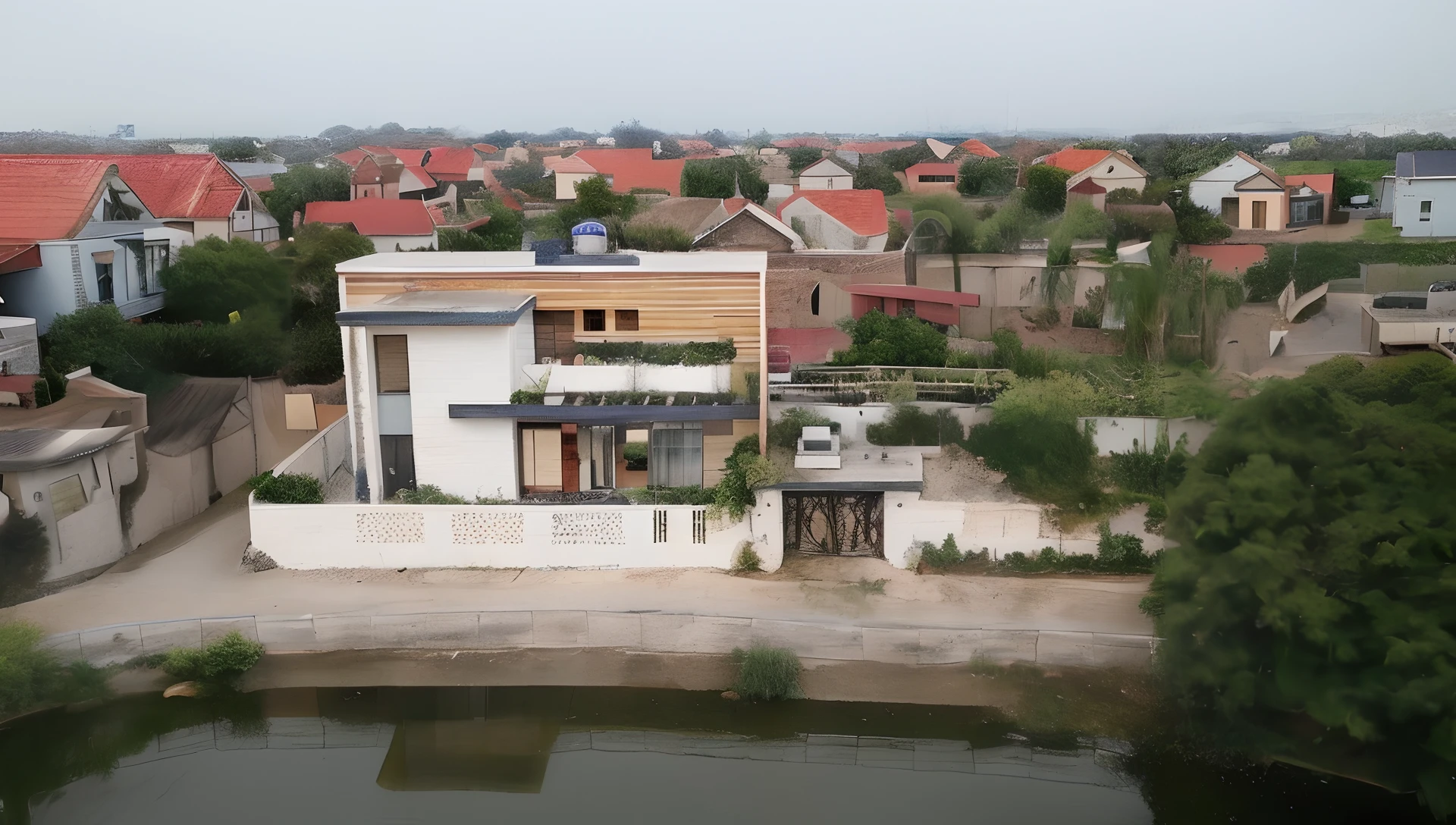 a view of a small house with a pond in front of it, photo taken from above, view from above, photo from above, with a fishpond and courtyard, top - view, zoomed out view, above view, aerial view from above, view from slightly above, top view, outside view, building along a river, frontview, seen from above