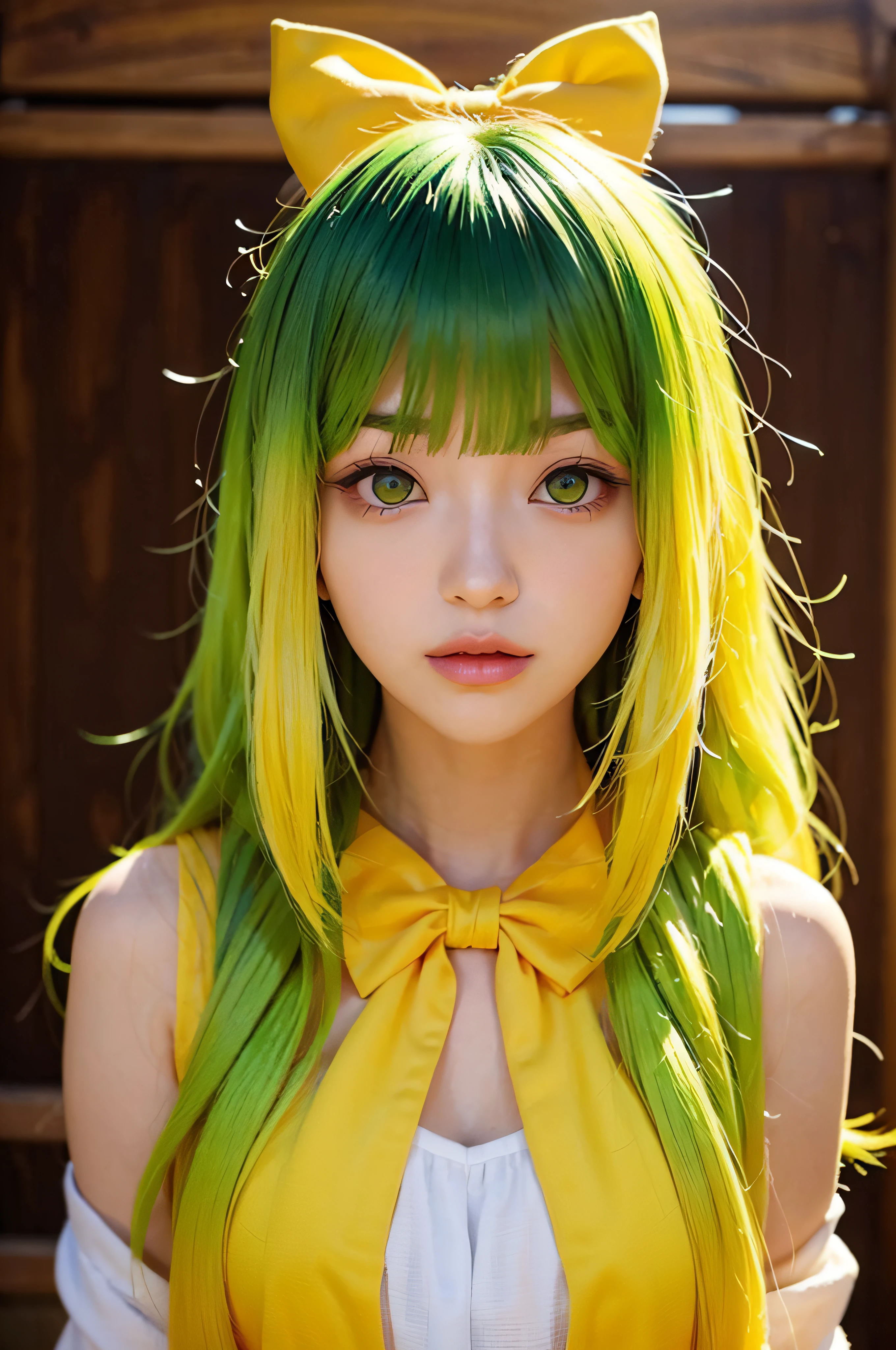 (banchan is a 1girl: 1.0), (green eyes_0.9), (green hair_0.8), (yellow hair_0.7), (hair ombre_0.4), (hair bow_0.5), charming light