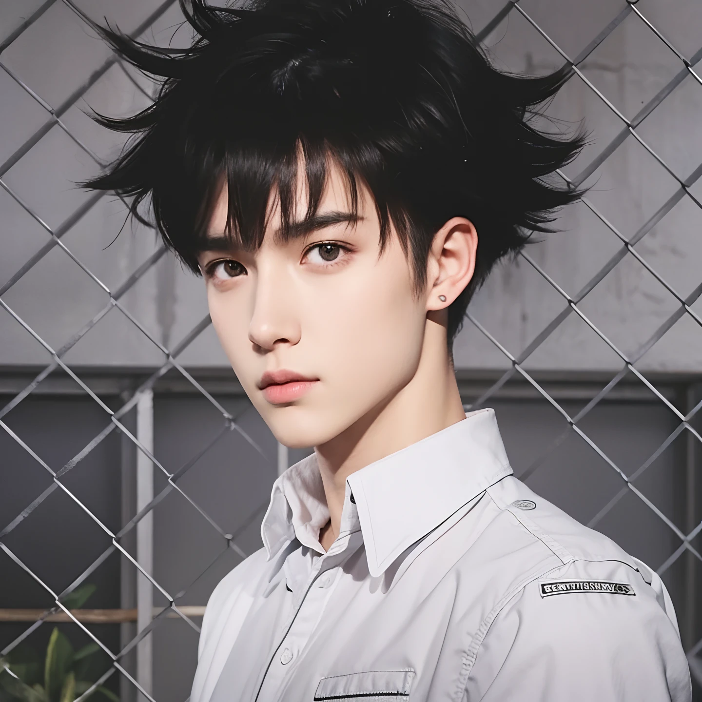 Real life adaption of this character, handsome face,realistic outfit,detailed eyes,realistic spiky black hair,realistic background,hyper realistic,realism,realistic light, realistic shadow,(photorealistic:1.2), looking to viewer